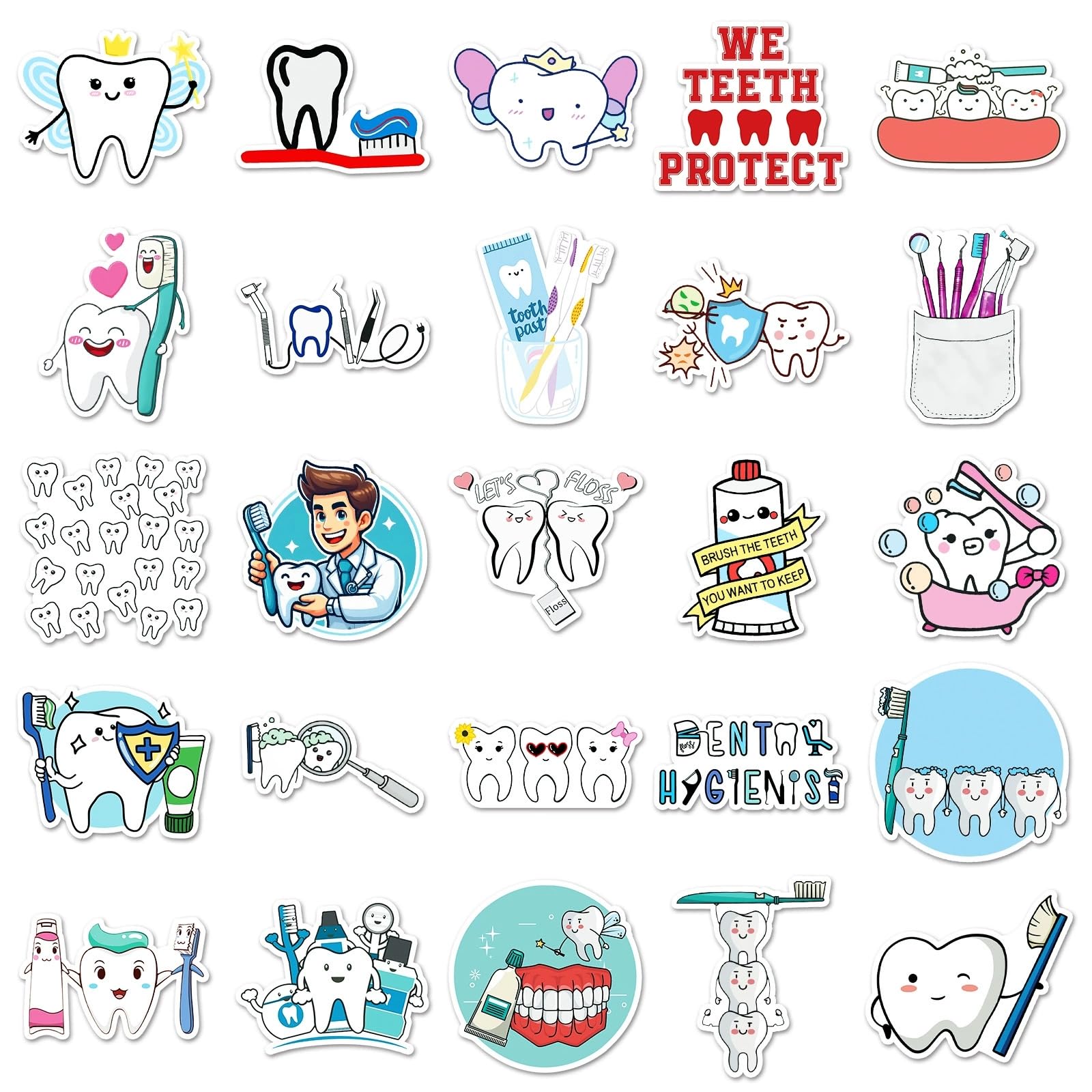 50 Pcs Cartoon Tooth Stickers for Water Bottle Waterproof Sticker for Laptop Skateboard Phone Car Decals for Teens Adults for Party Favors Supplies Decor (Cute Tooth Stickers) - Image 2