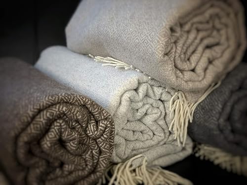 Miniatura 4 de Eikei Manta de lana con patrón de diamantes geométricos, manta de gran tamaño para sofá, con ribete de flecos, suave lana merina, estilo minimalista