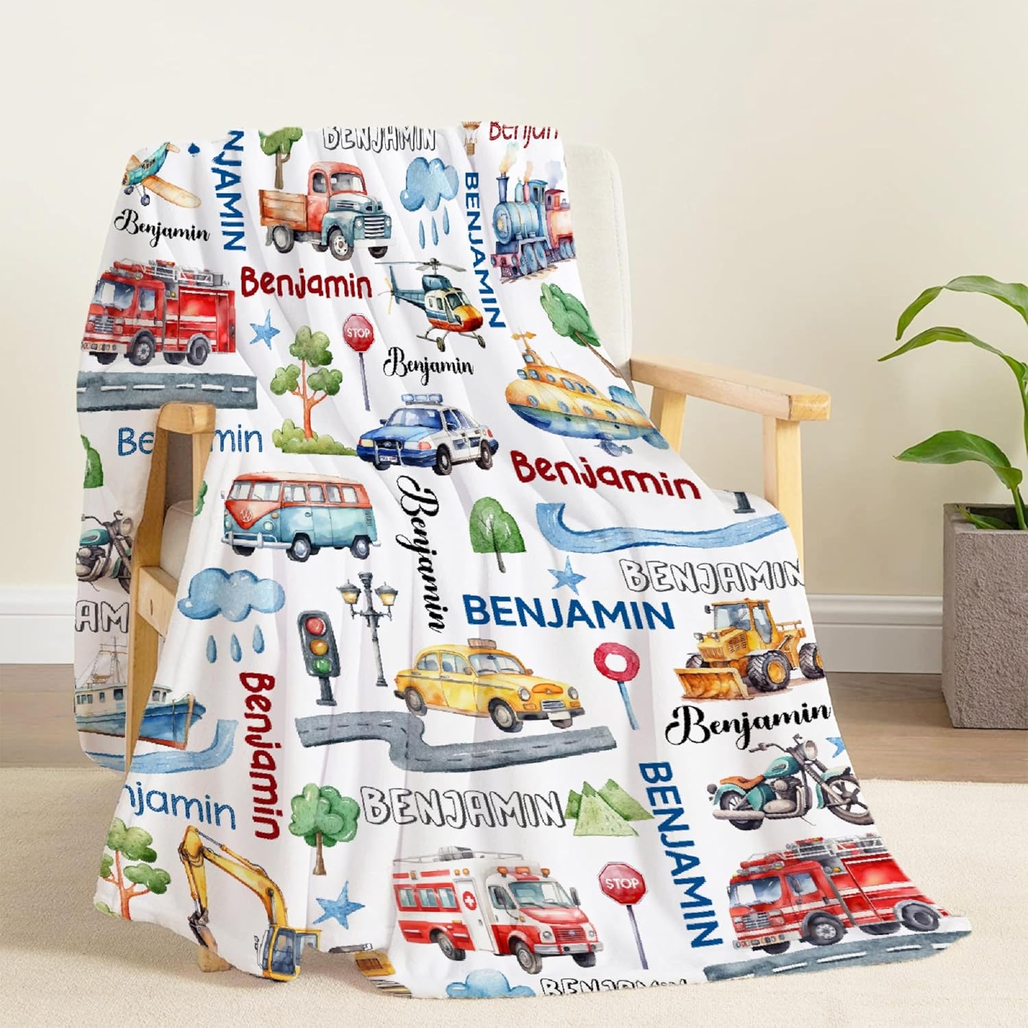Personalized Transportation Vehicles Baby Blanket,Custom Truck Car Toddler Blanket for Boy Girl,Super Soft Truck Receiving Blanket,Customized Truck Gift for Newborn Baby Shower/Birthday 40"x50"(Kids)