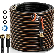 Garden Hose, 50ft 5/8" Heavy Duty Rubber Water Hose w/ 10-Mode Spray Nozzle, 550 PSI Burst, 360 Anti-Kink Swivel Connectors, All-Weather Flexible, Leakproof 3/4" Brass Male to Female Fittings