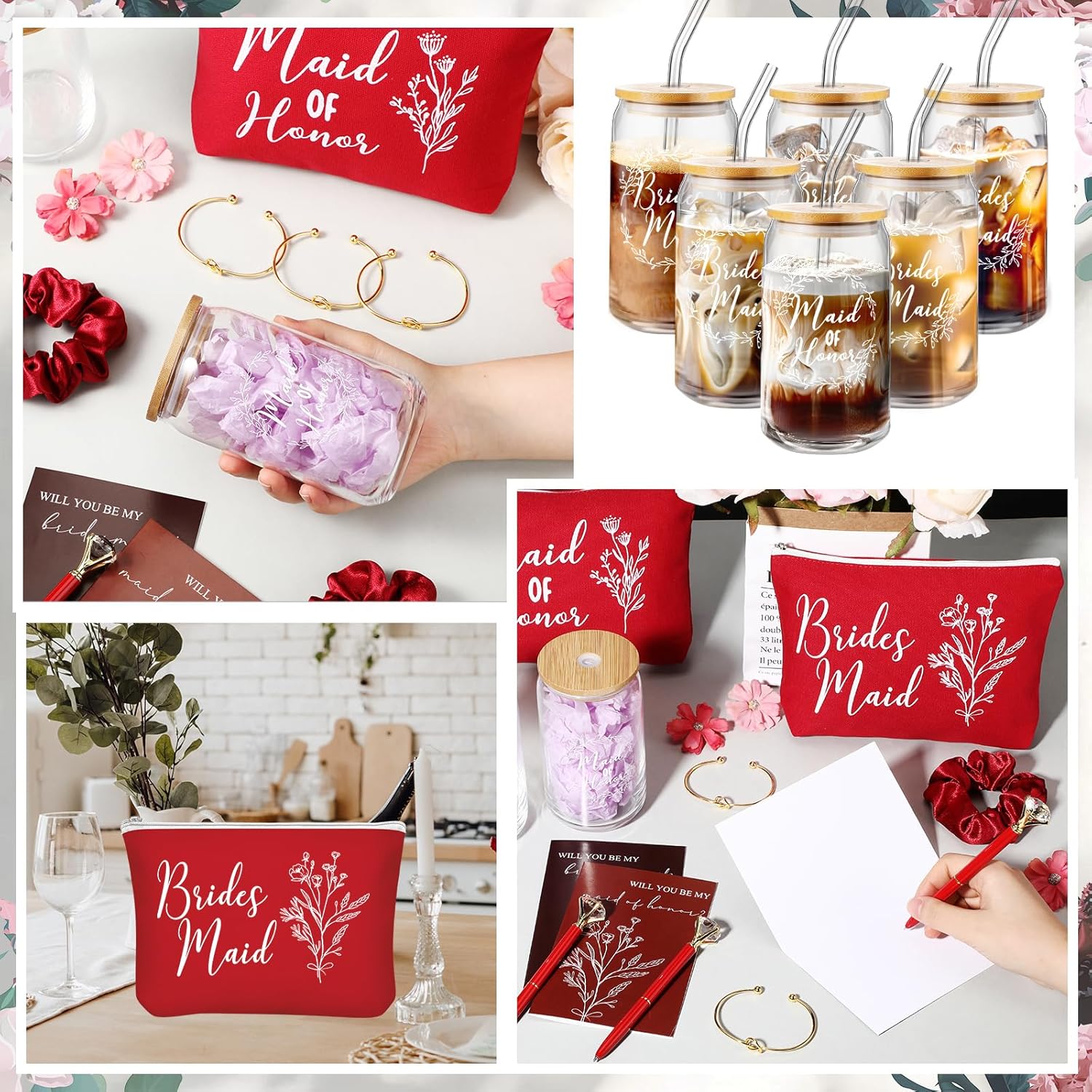 Irenare 36 Pcs Bridesmaid Proposal Gifts Set of 6 Will You Be My Bridesmaid 16 oz Glass Cup Brides Maid Cosmetic Bags Cards Bracelets Bridal Shower Favor Wedding Supplies Bachelorette Party(Red) - Image 4
