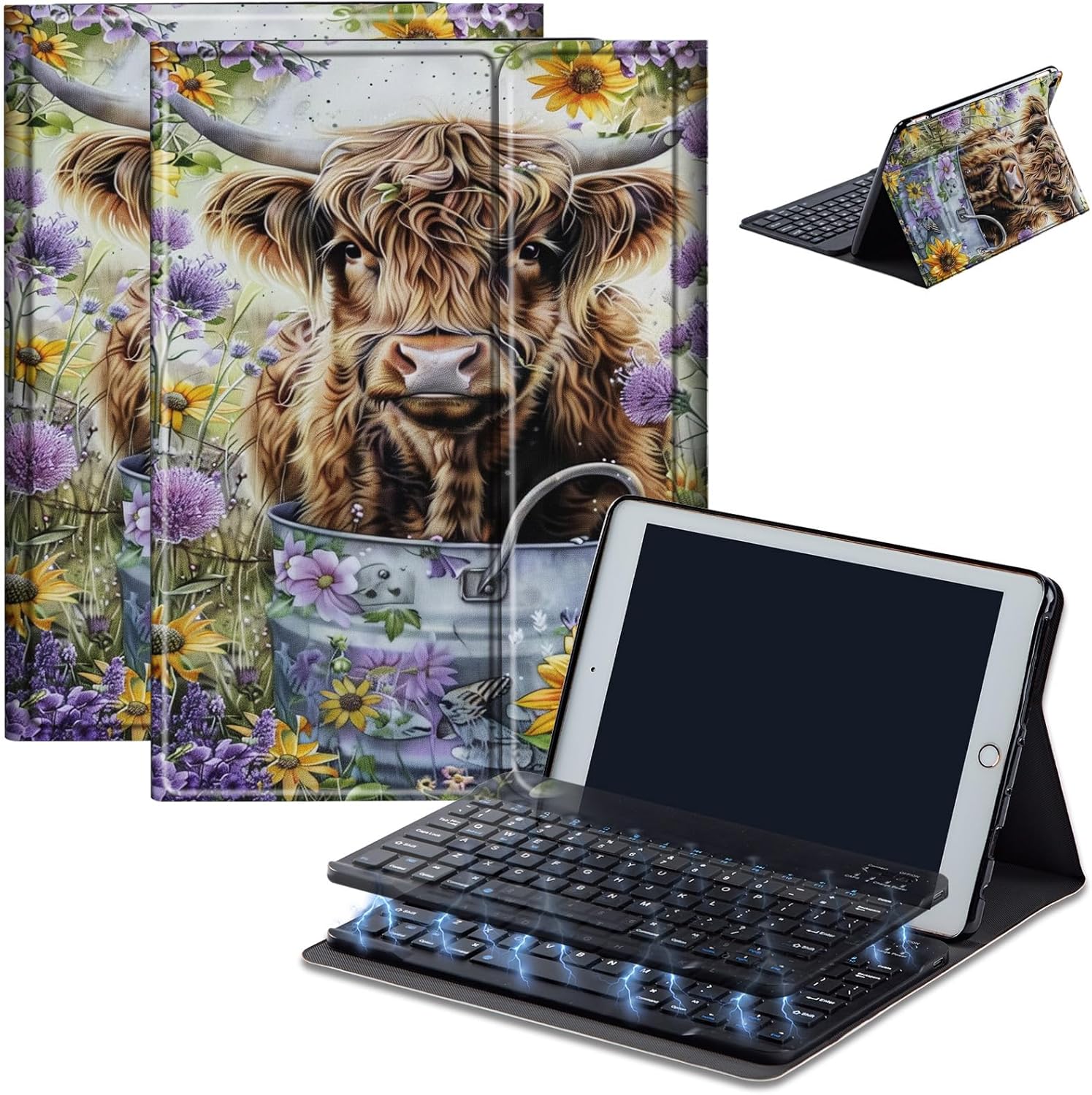 Keyboard Case for Amazon Fire Max 11 (13th Generation, 2023 Release), Detachable Wireless Bluetooth Keyboard and Auto Sleep/Wake Fire Max 11 Tablet Case with Keyboard, Pretty Cow