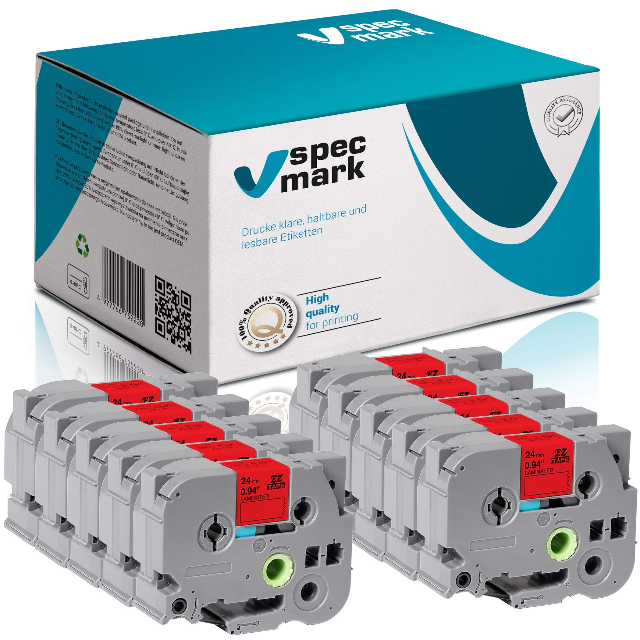 specmark Nastro TZe-451 24mm x 8m Set x 10 pezzi Nastro nero su rosso compatibile con la stampante Brother PT P-touch AZe-451 EZe-451 TZ-451 TZ2-451