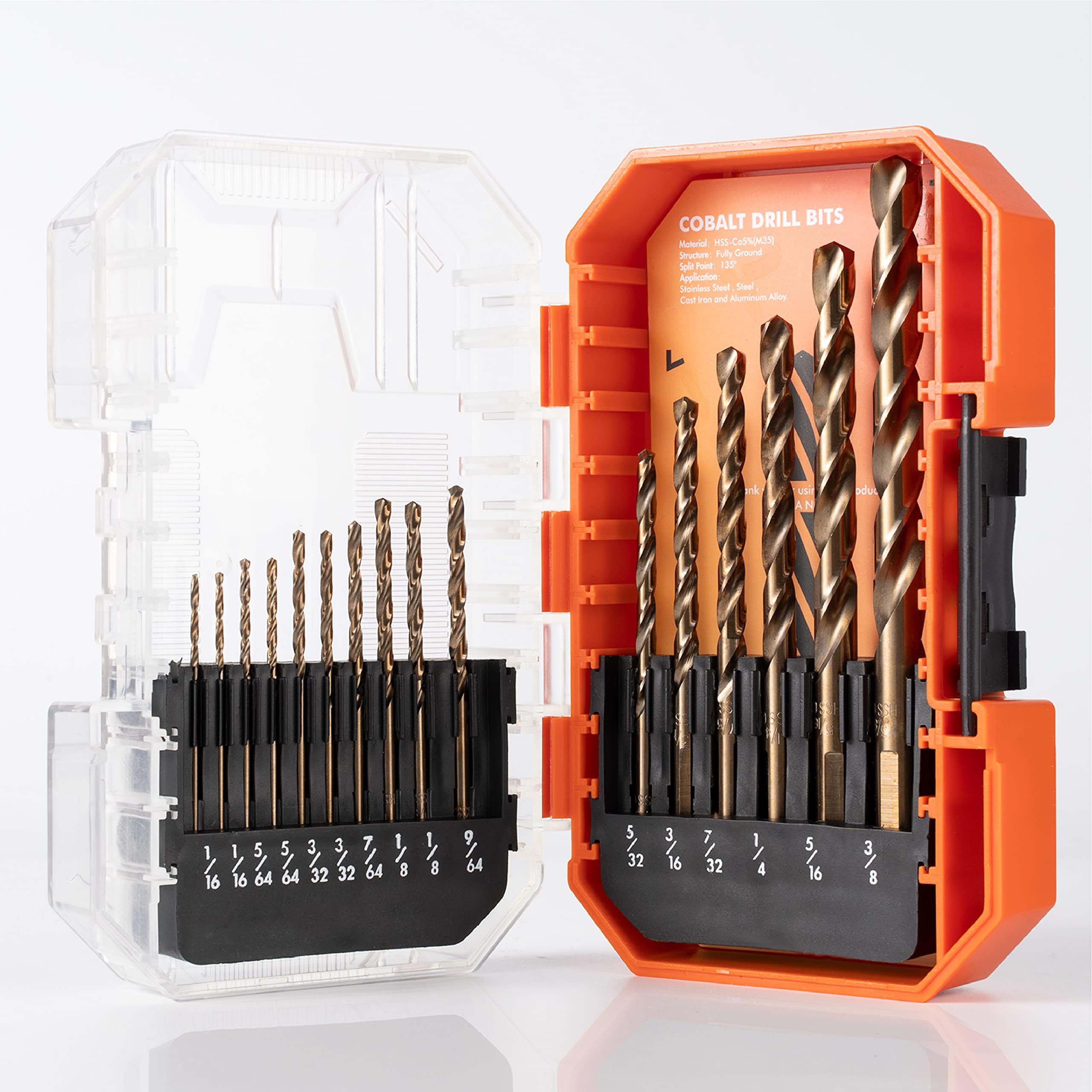 Cobalt Drill Bit Set 20 Piece(1/16"-1/2"), M35 Metal Drill Bits For Steel