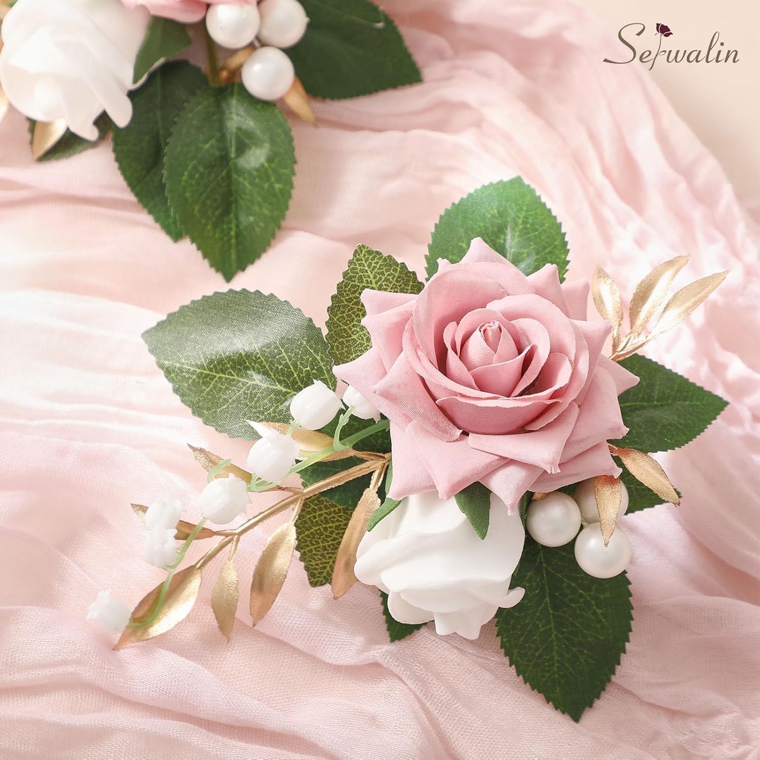Serwalin Pink Corsage and Boutonniere Set, Prom Corsage and Boutonniere Set of Wedding Flowers Homecoming Accessories Party Suit Decoration - Image 2