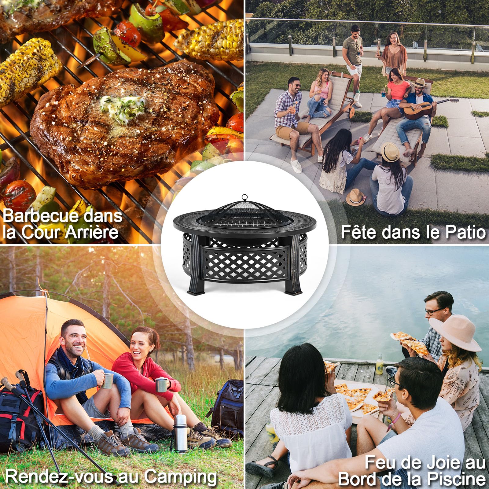 GOPLUS 3-en-1 Braséro Extérieur Jardin Rond, Foyer avec Grille de Barbecue, Pare-étincelles, Grille à Bûches, Poker, Housse Anti-Pluie, pour Extérieur Jardin, Patio, Camping, Pique-Nique,81 x 50 cm