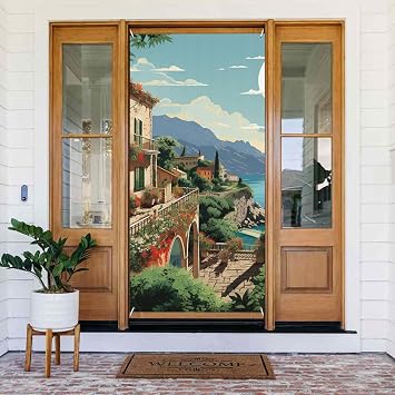 Welcome Door Cover Banner Blackout Doorway Curtains Decorations Window Curtain Drapes Mediterranean Summer Seasonal Porch Sign Photo Background Wall Hanging Banner Flag 72.8 x 35.4 In