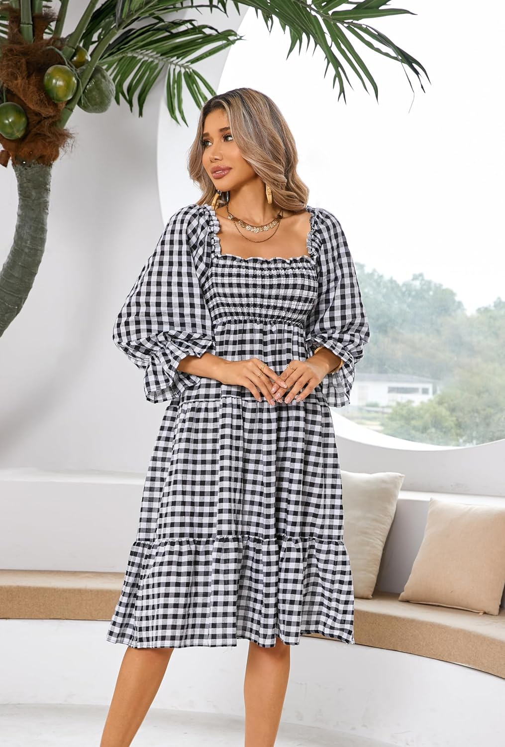 R.Vivimos Women's Summer Cotton Plaid Puff Sleeves Bow Casual Off-Shoulder Boho Midi Dress - Image 4