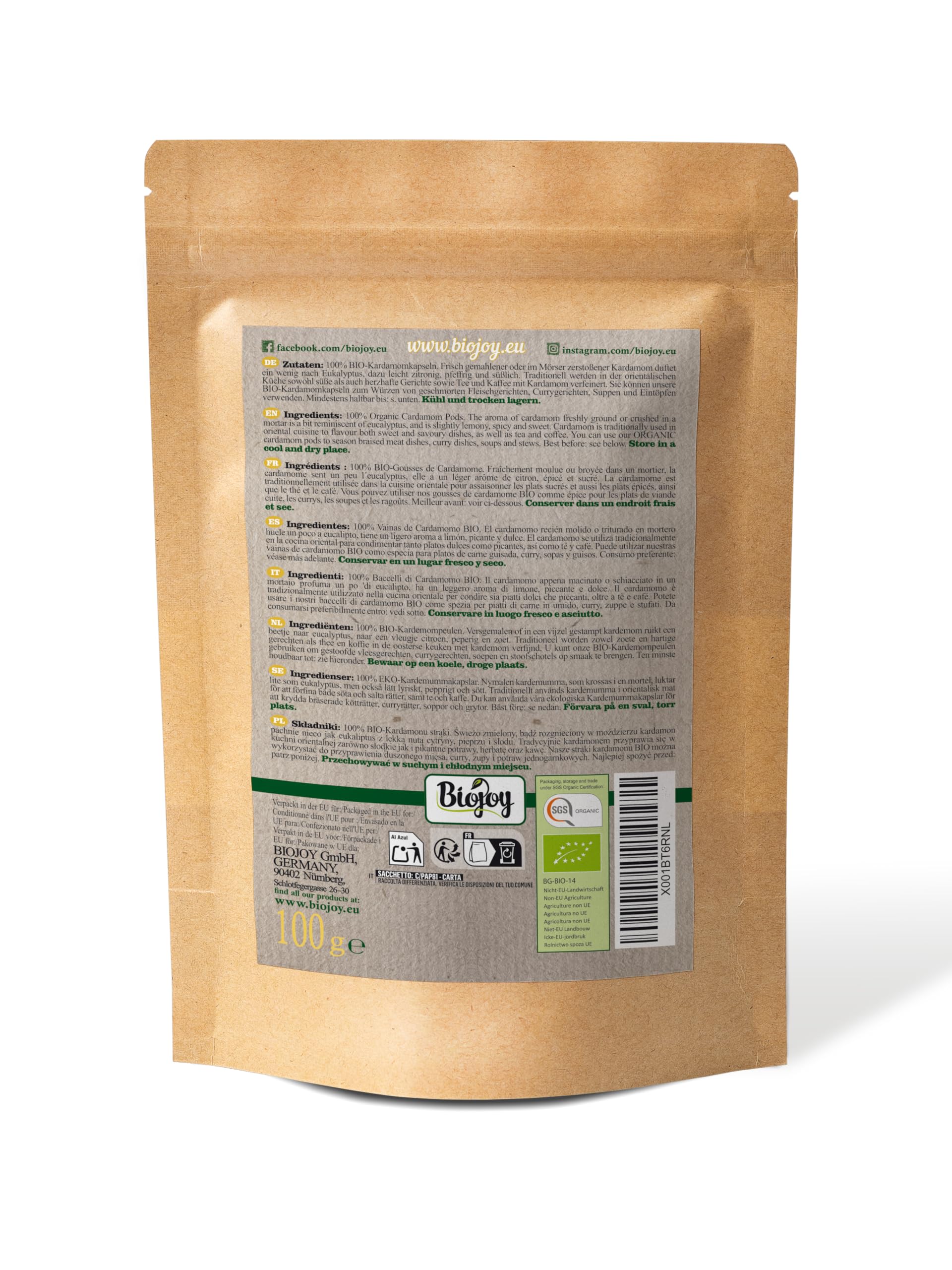 Biojoy Baccelli di Cardamomo BIO (100 g), Cardamomo intero e verde (Elettaria cardamomum)