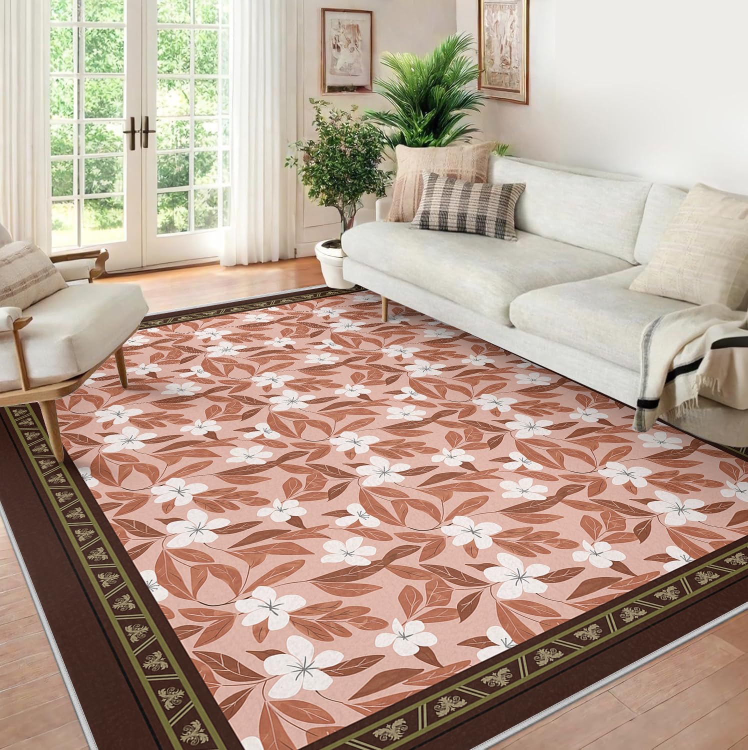Cienkie dywaniki w stylu sielskim 100 x 200 cm, brązowe obramowanie, biały, kwiatowy i terakota, dywan do kuchni, przedpokoju, róż, dekoracja podłogi