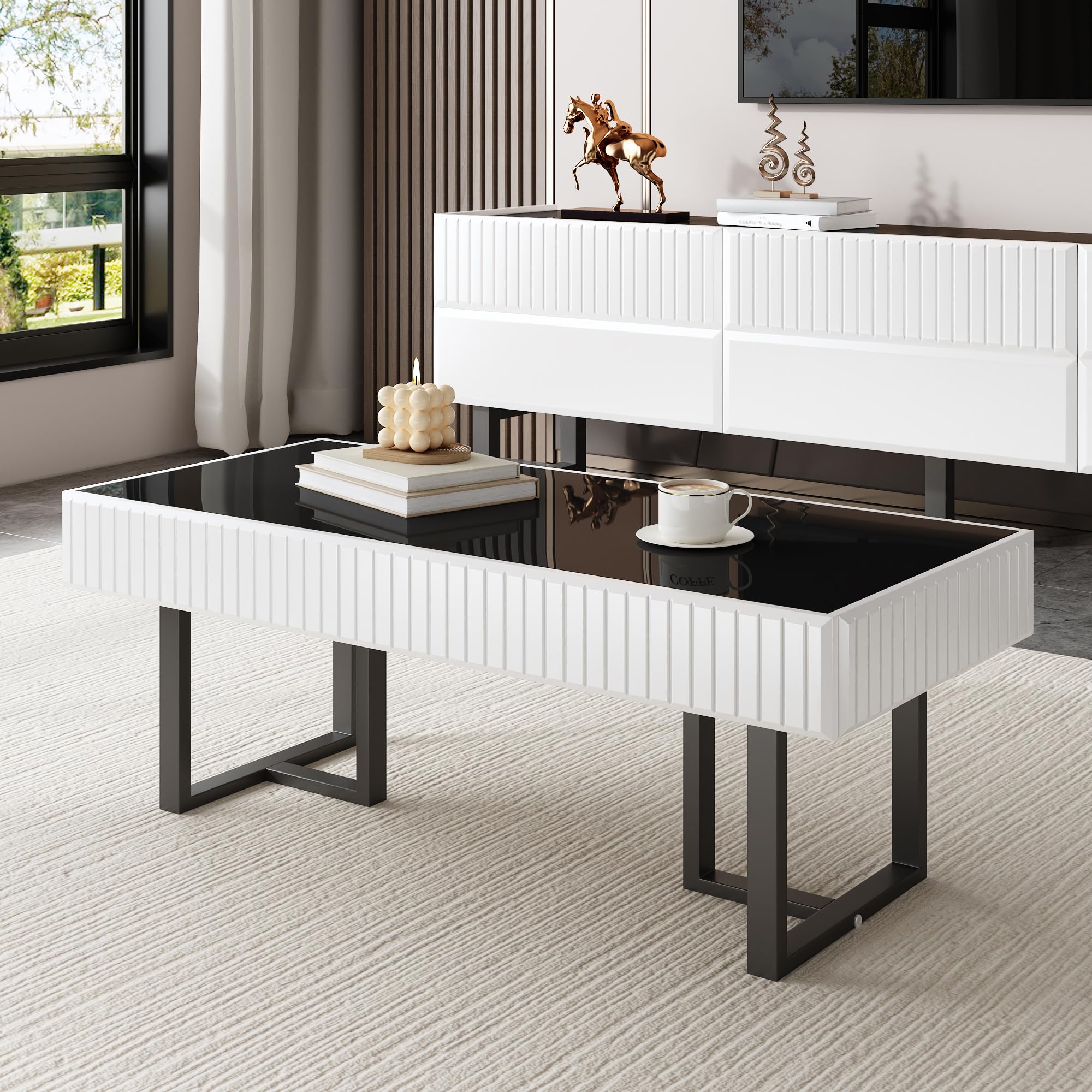 Couchtisch mit Hochglänzende Tischplatte, Coffee Table mit Stauraum, Kaffeetisch, Sofa Tisch, für Wohnzimmer/Esszimmer/Flur, 110 x 50 x 41cm, Minimalistische Design, Schwarz-Weiß