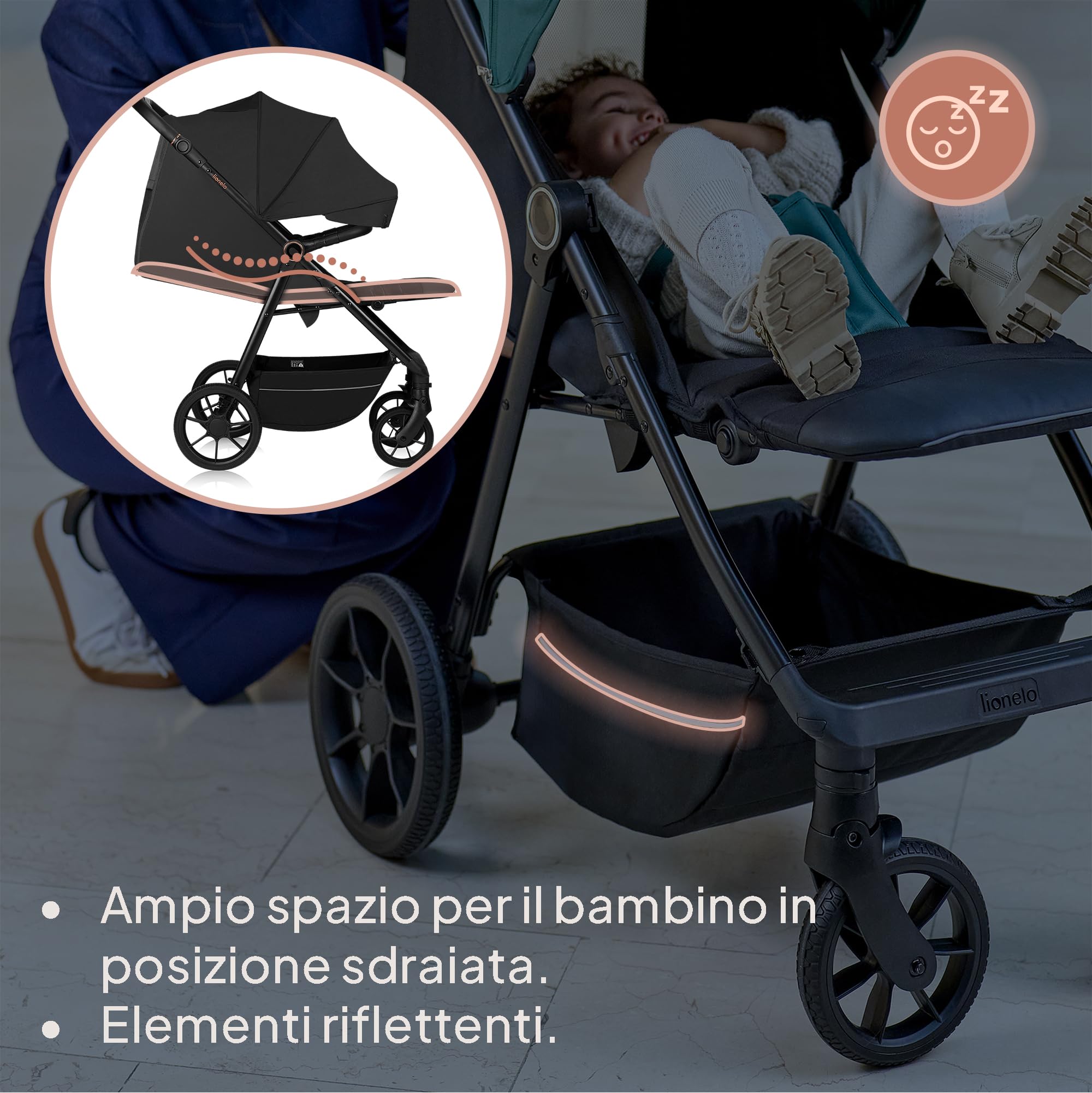 LIONELO Passeggino compatto e laggero MIRA per bambini da 6 mesi a 4 anni/ 22 kg, Ruote girevoli a 360° Sospensione completa, Schienale e Poggiapiedi regolabili, Capottina XXL UPF50+, Ampio cestino