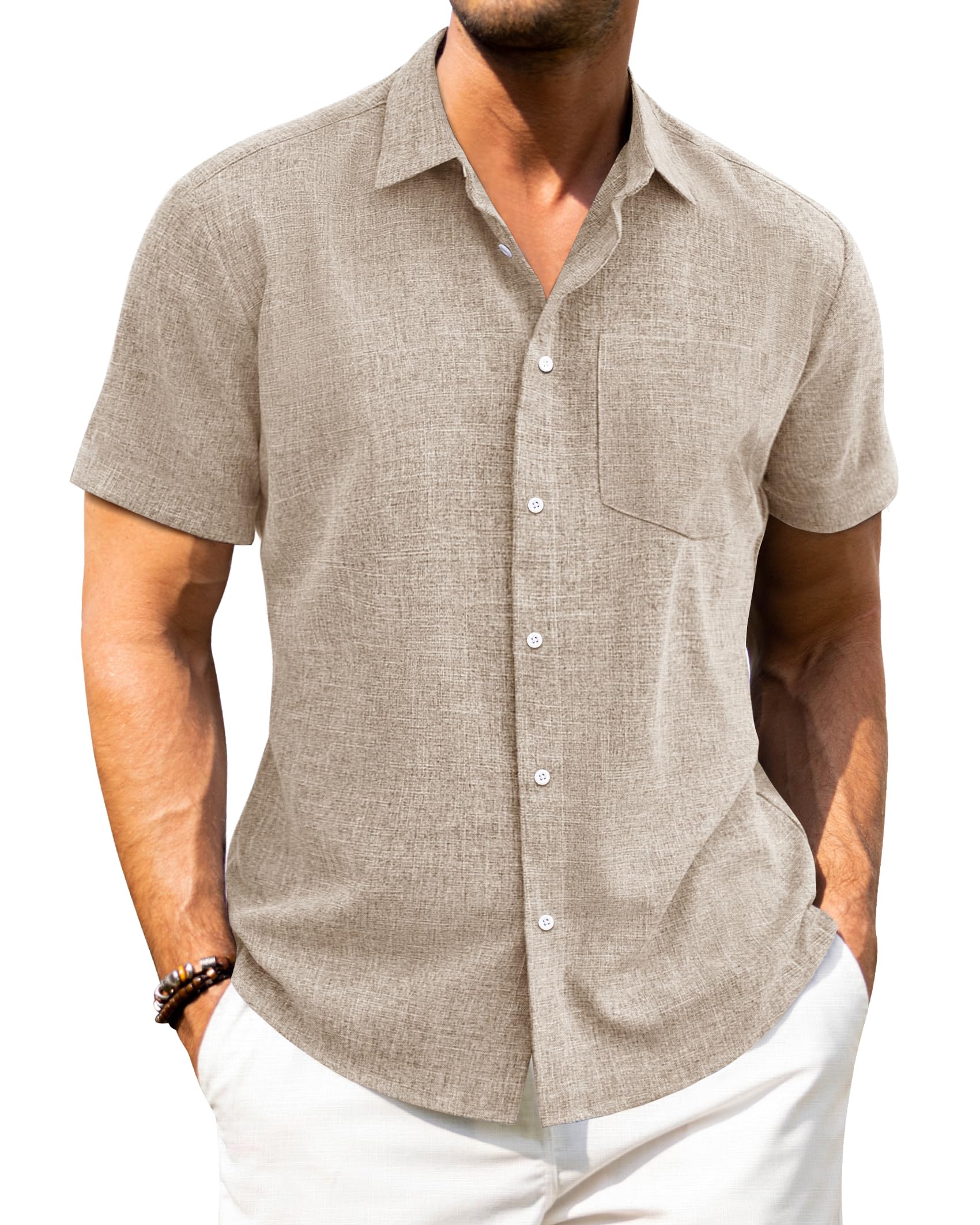 J.VER Leinenhemd Herren Kruzarm Freizeithemd Regular Fit Leicht und Luftig Sommerhemd Leinen Shirt mit Tasche