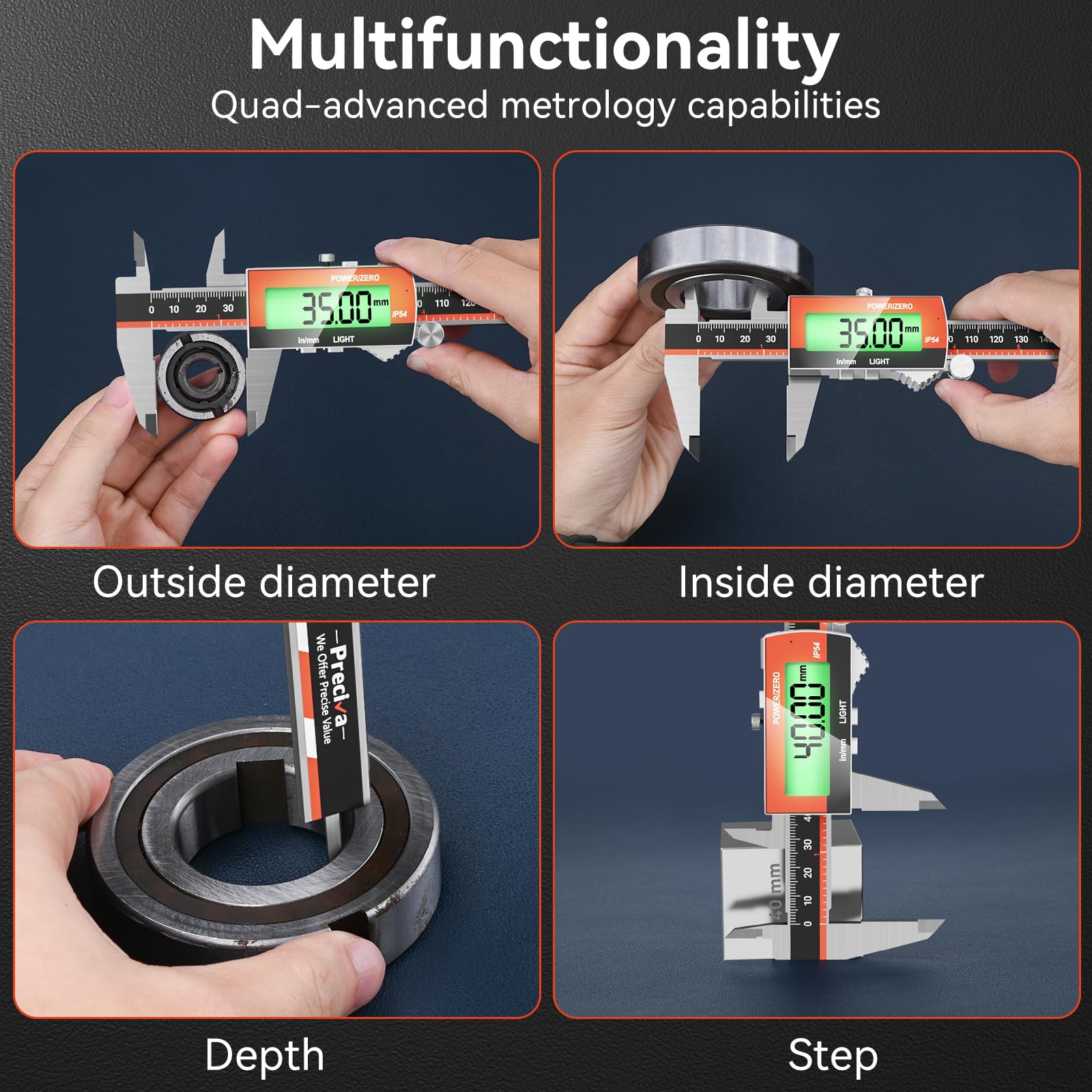Preciva Pied à Coulisse Numérique Rechargeable avec Rétroéclairage,150mm Pied a Coulisse Digital, Écran LCD Grand, Étanche IP54, Conversion Mm/Pouce - Pied à Coulisse Numérique de Précision