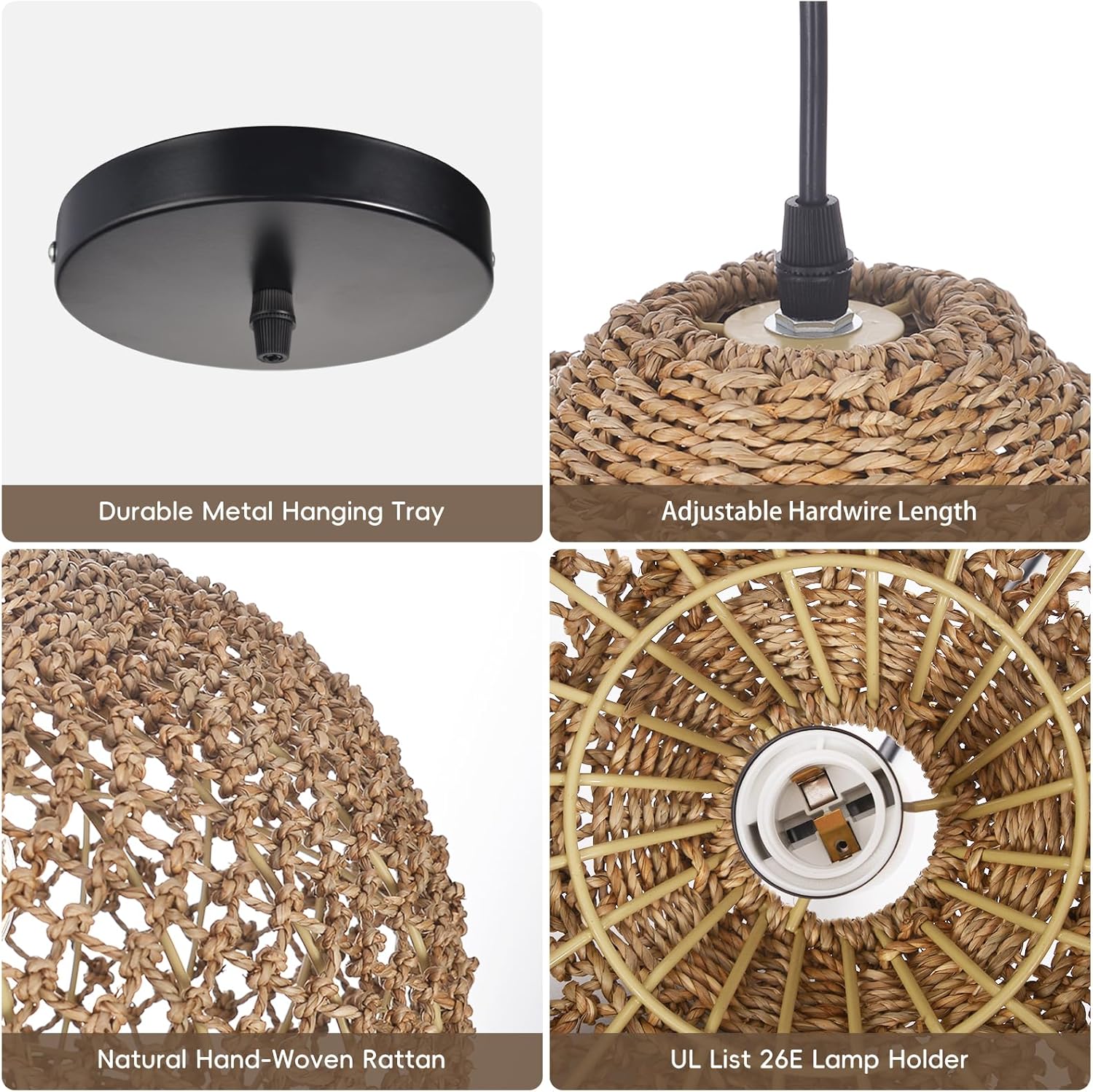 Boho Chandelier, Farmhouse Ceiling Hanging Lamp Shade, Natural Rattan Weaving Light Fixture, Rustic Round Pendant Lighting for Kitchen Dining Room Restaurant Bar, 13.78" W x 11.02" H