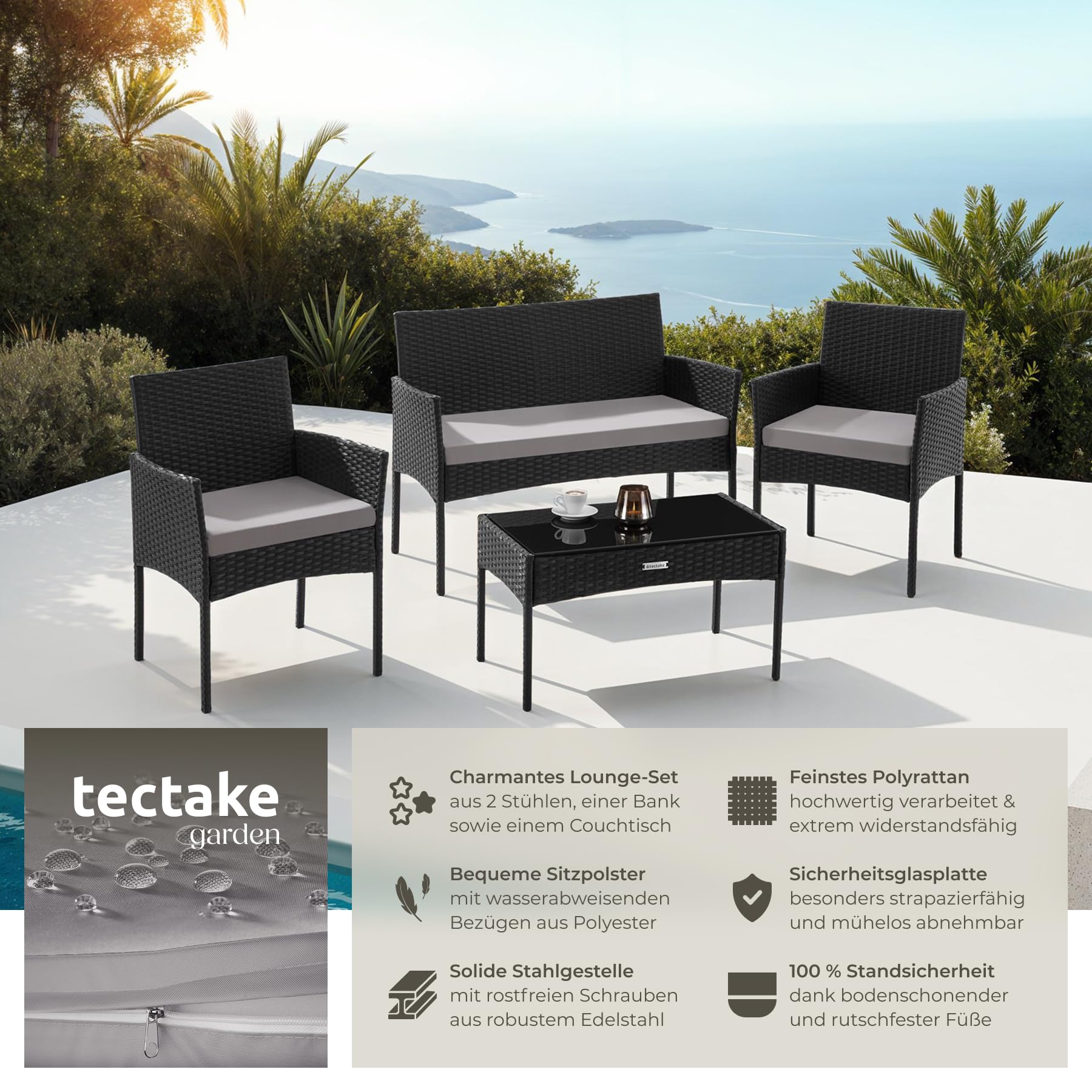 tectake® Rattan Gartenmöbel Set, Outdoor Lounge Möbel,1x Gartenbank, 2X Stuhl, 1x Balkontisch, mit Outdoor Kissen wetterfest, Balkonmöbel Kleiner Balkon, Lounge Gartenmöbel, Terrassenmöbel - schwarz