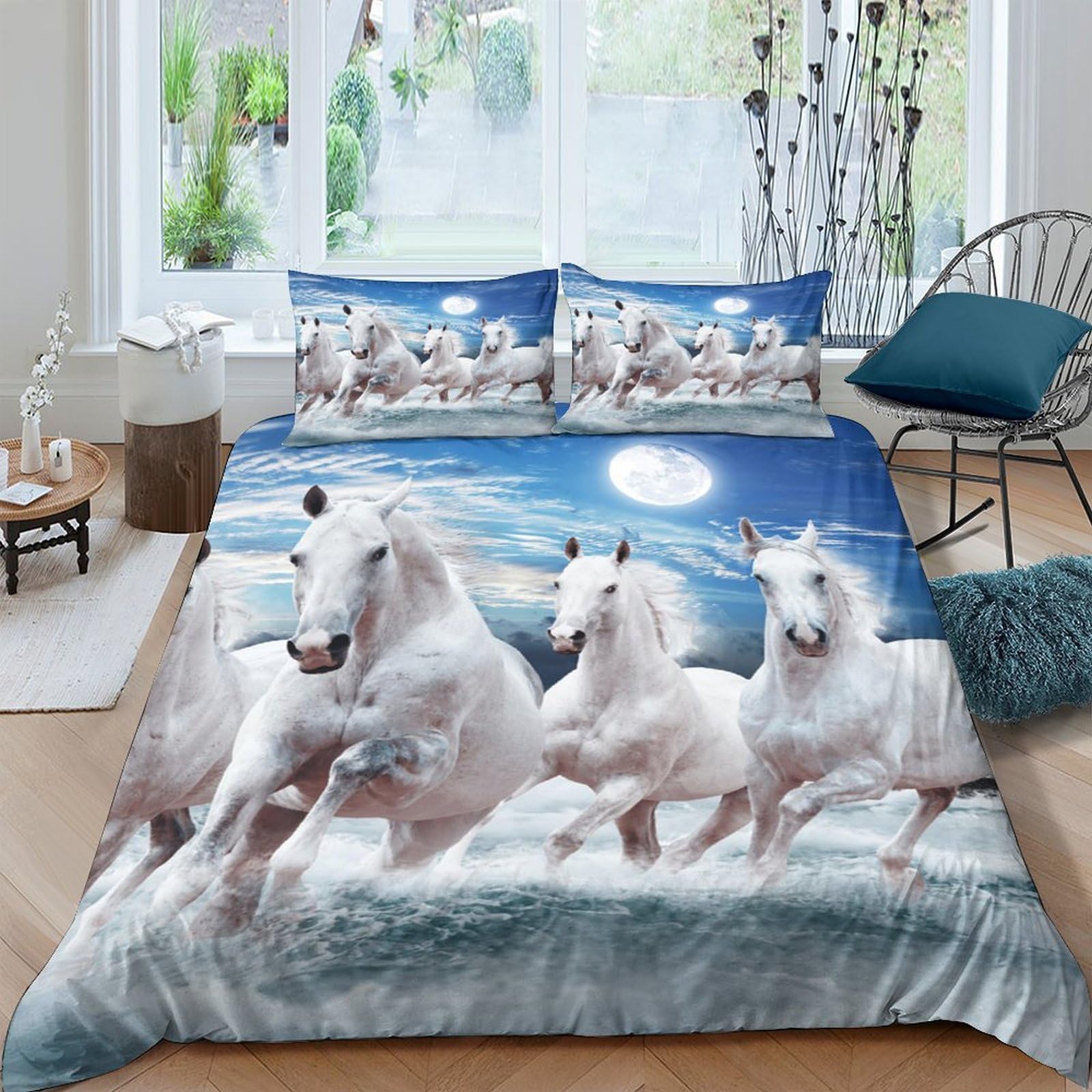 Ctjqhvkz Style-9 3D Printed White Horse Moonlight Fitted Sheet Microfiber Soft Bed Cover For Bedroom Guest Room Dorm Mattress Protection Decor Single（135X200cm）