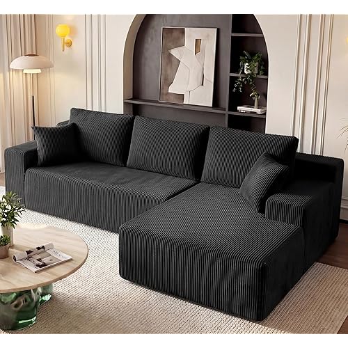 GRUSIGN Cloud Sectional Boneless Couches for Living Room, Modular L Shaped Couch with Deep Seat Oversized Right Facing Chaise, Memory Foam Compressed Spineless 3 Seater Sofa for Apartment, Black | No Assembly Required, Deep Seat, Cat-Claw Resistant, High-Resilience Foam, Flexible Modular, Washable Covers