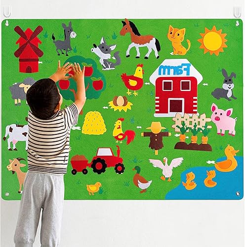 Arrocent Juego de 38 piezas de tablero de fieltro de animales de granja para niños pequeños, juego interactivo de franela de granja para ganado