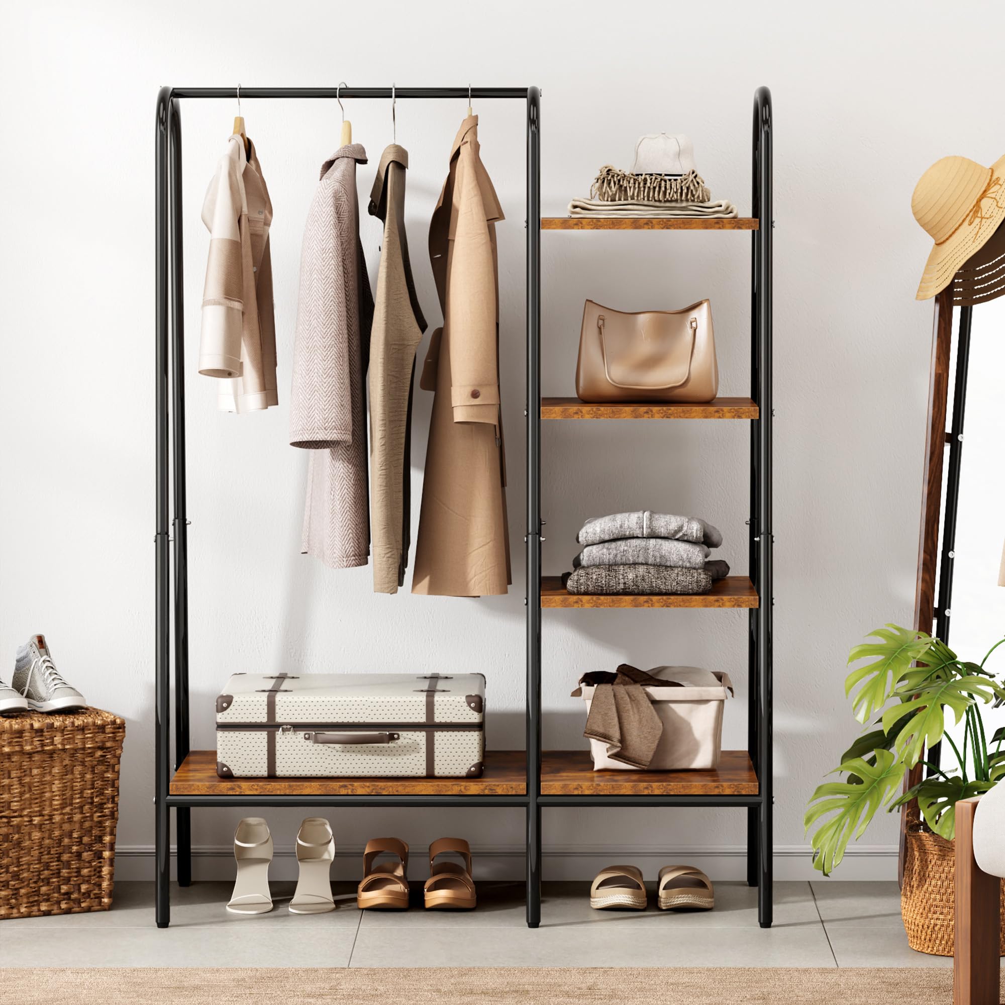 SogesHome Perchero de pie para ropa con compartimentos de almacenamiento para dormitorio entrada Percheros de pasillo Estante para ropa o perchero