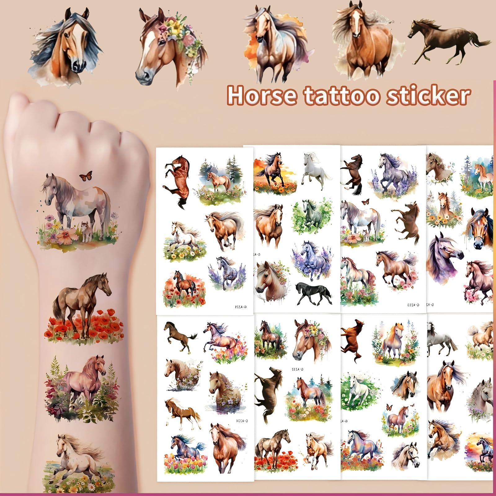 10 Sheets Horse Temporary Tattoos, Horse Party Favors Supplies Birthday Decorations Tattoo Stickers for Kids Boys Girls Gifts Goodie Bags Fillers Prizes Rewards