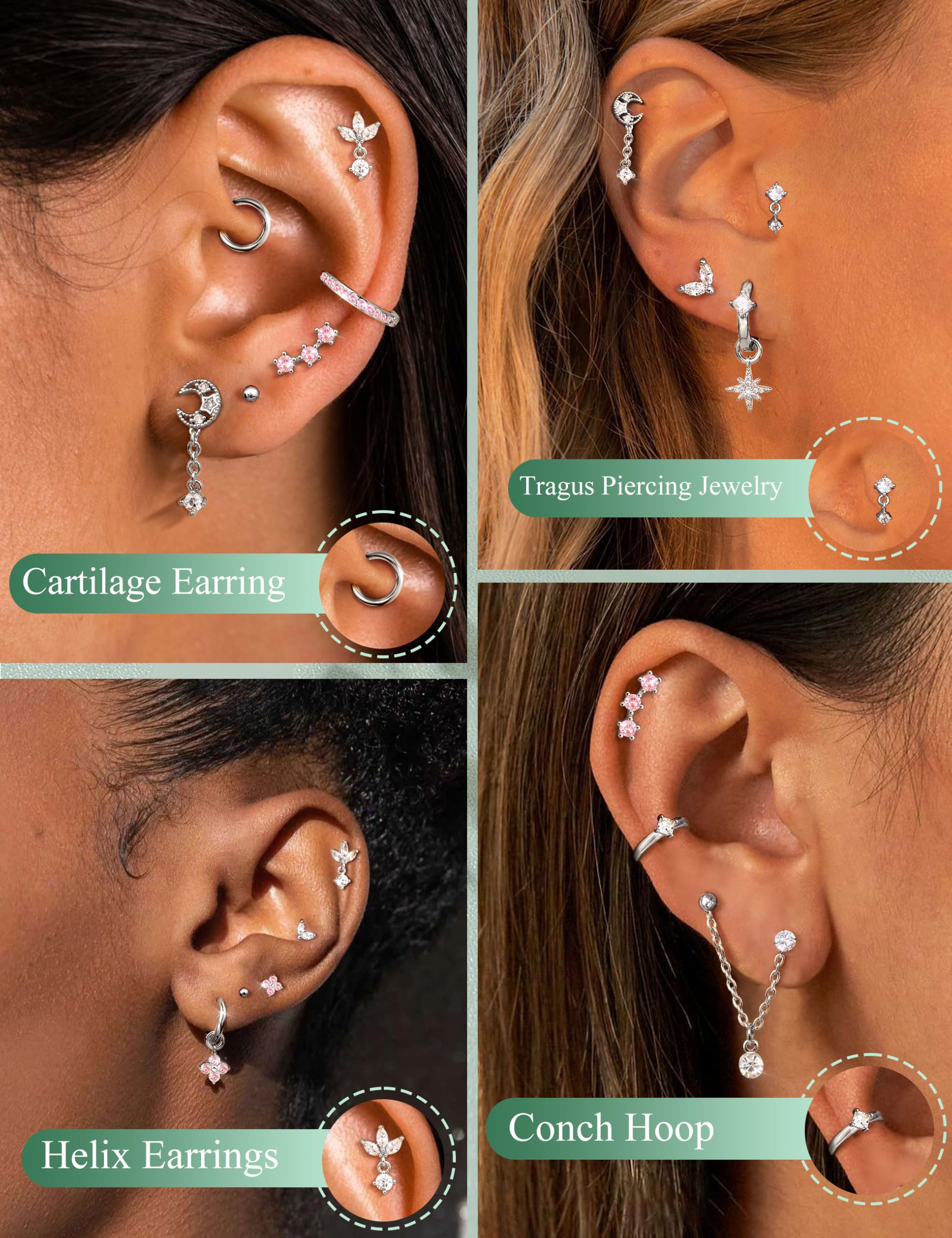 MILACOLATO Helix Piercing kolczyki ze stali chirurgicznej, kolczyki typu Flatback, hipoalergiczne małe kolczyki kreole, złote, wodoodporne, rook, tragus, conch, srebrny, złoty