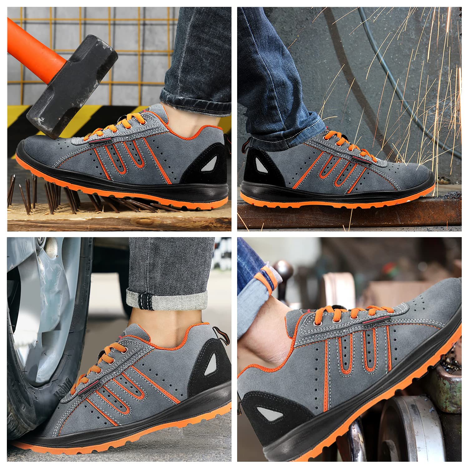 JOMIX Buty ochronne dla mężczyzn i kobiet, buty robocze dla chłopców, antypoślizgowe, wzmocniona końcówka, stal, 04 szary pomarańczowy, 47 EU