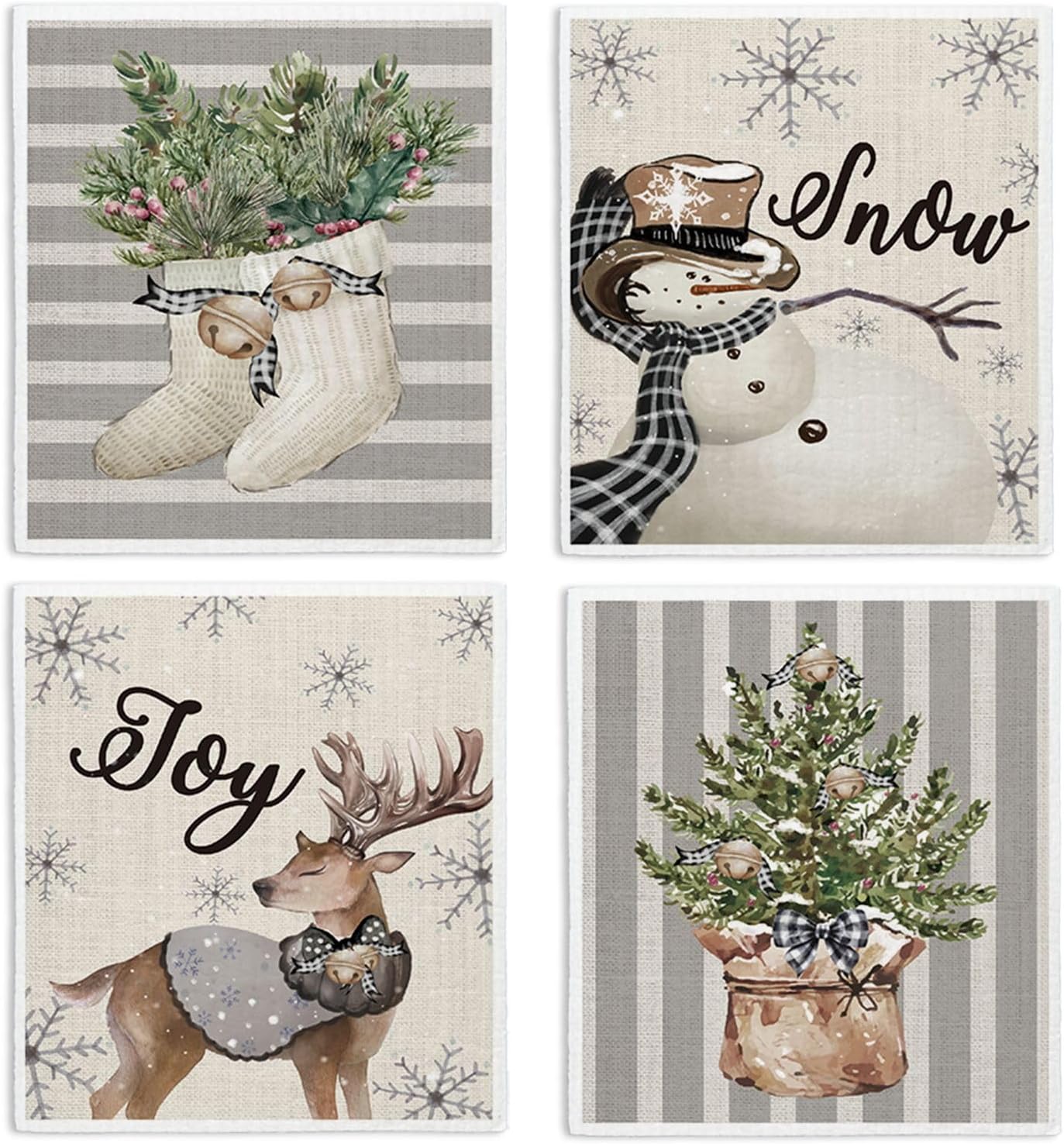 Vintage Christmas Snowman Winter Swedish Dishcloths for Kitchen, Swedish Dish Cloths for Christmas Deer, Papaya Reusable Paper Towels, 4 Pack Dish Towels for Kitchen, Reusable Paper Towels