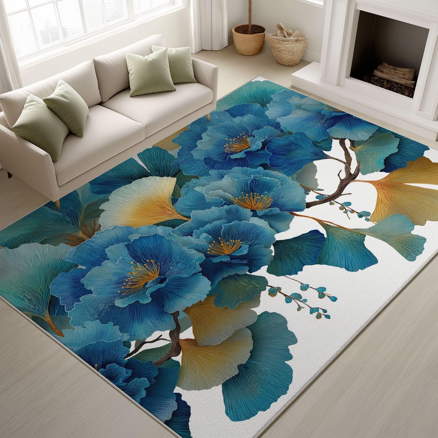 Tapis de passage couloir ginkgo bleu sarcelle 3D velours lavable haut de gamme 80x120