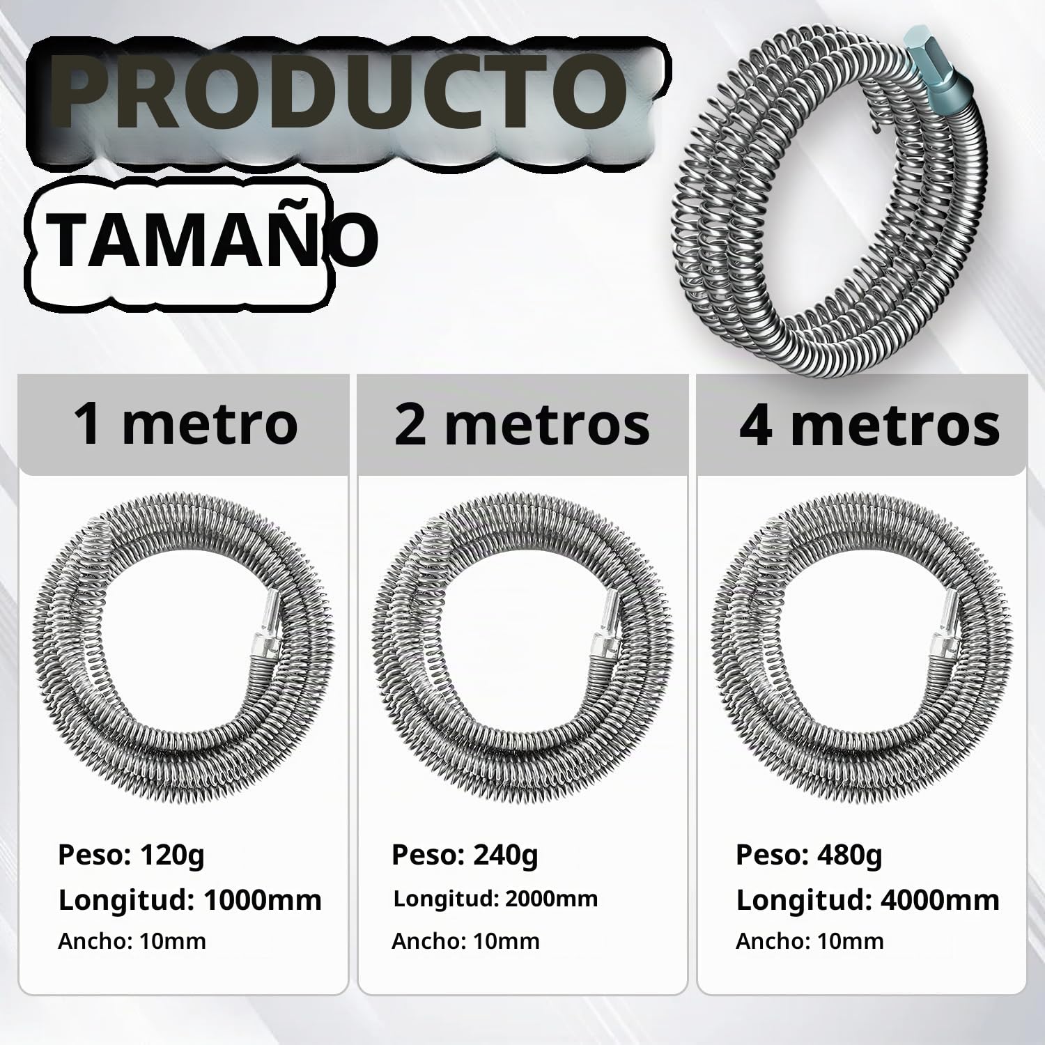 Juego de 3 Muelles Desatascadores, Espiral de Limpieza de 1m, 2m y 4m | Diámetro 12 mm para Todo Tipo de Tuberías, Herramienta para Ducha, Lavabo y Desagües