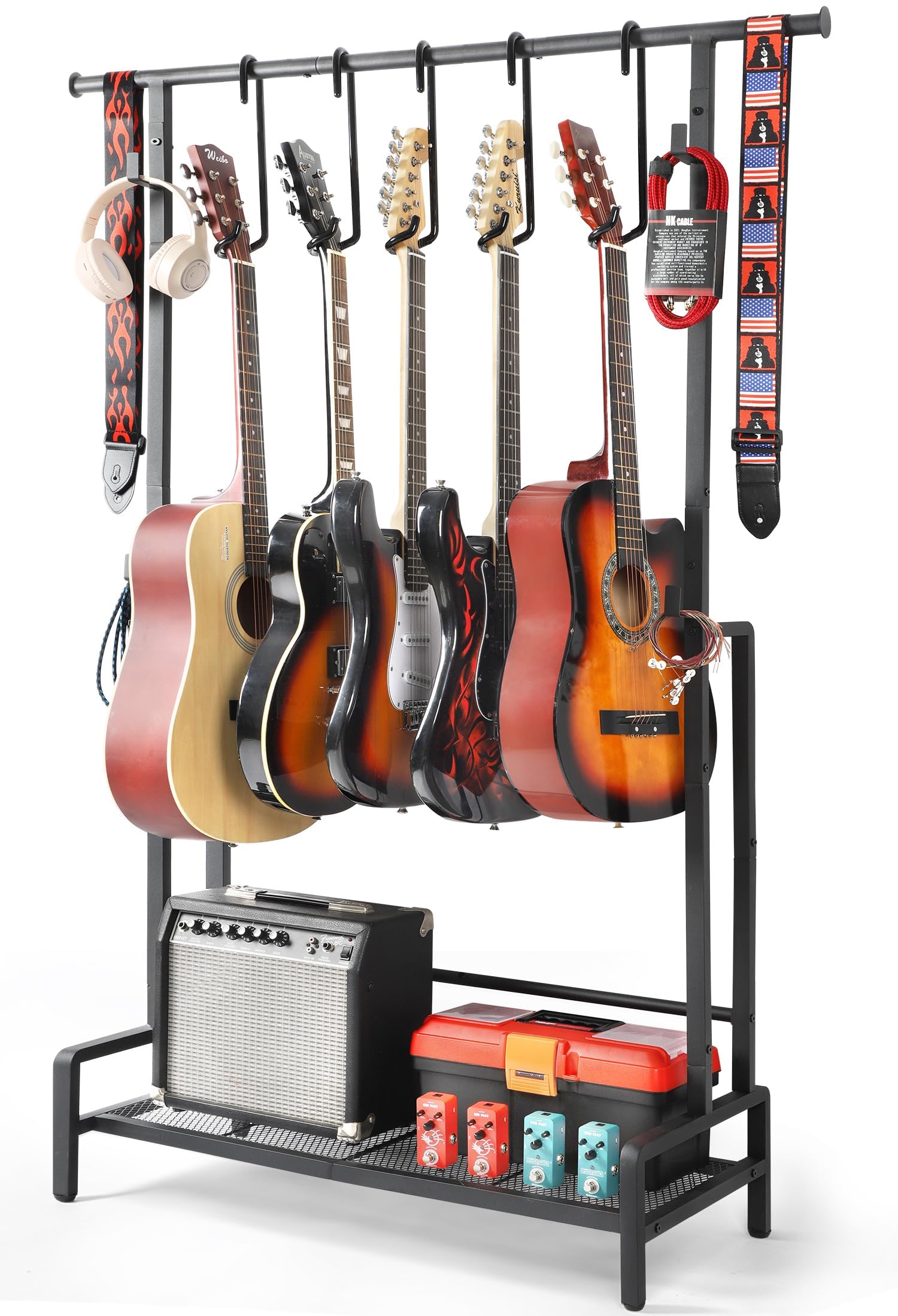 Bikoney Support Guitare Sol pour 5 Guitares, Porte-Guitares Réglable pour Guitare Acoustique, Électrique, Basse & Ukulélé, Rack Guitare Robuste avec Étagère pour Ampli & Crochets Accessoires