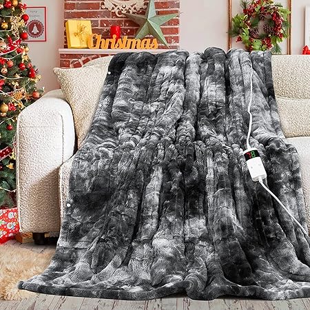 Review DOCEN Artificial Fur Sherpa Electric Blanket, Thick and Soft, with 5 Automatic Shutdown and 10 Heating Levels, 50″X60 (Grey)