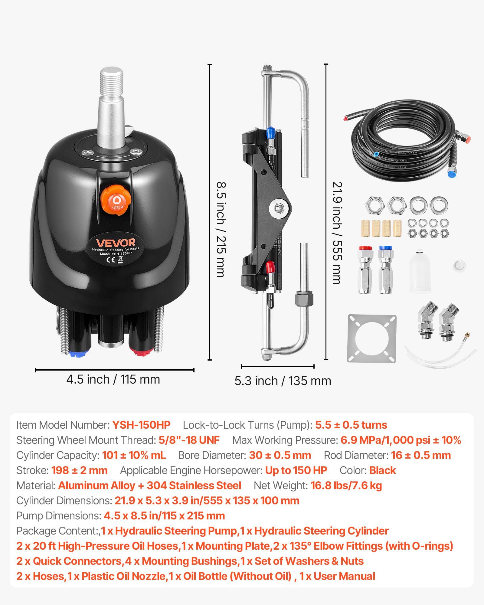 VEVOR Hydraulisches Außenborder-Lenkset, 150 PS, Marine-Boots-Hydrauliklenksystem, mit 6,9 MPa Steuerpumpe, Zweiwege-Sperrzylinder & 6 m langen Schläuchen, für Einzelsteuerstand, Einzelmotor
