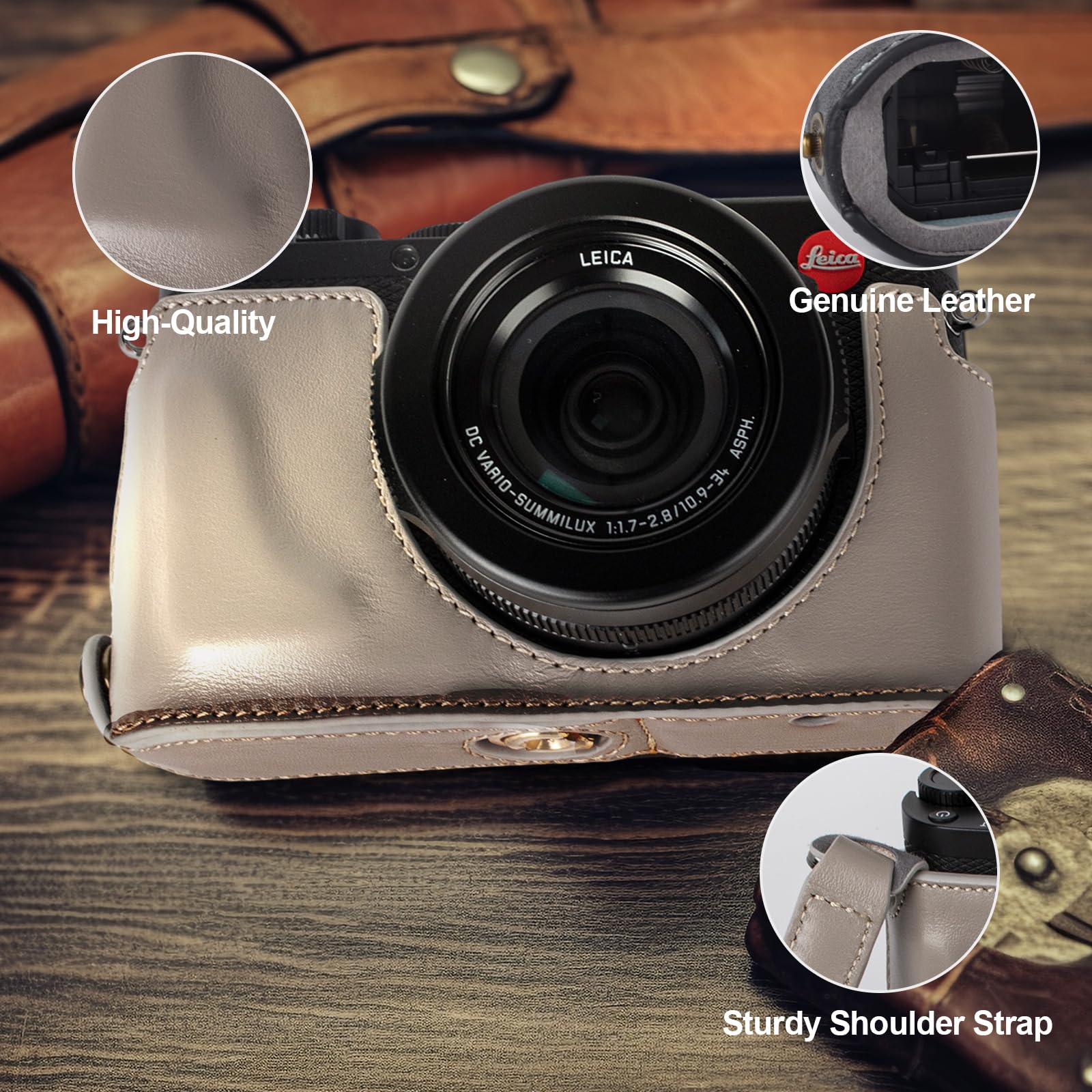 Rieibi Custodia per fotocamera in vera pelle fatta a mano per Leica D-LUX8, mezza custodia per Leica DLUX8 custodia con copriobiettivo anteriore e tracolla