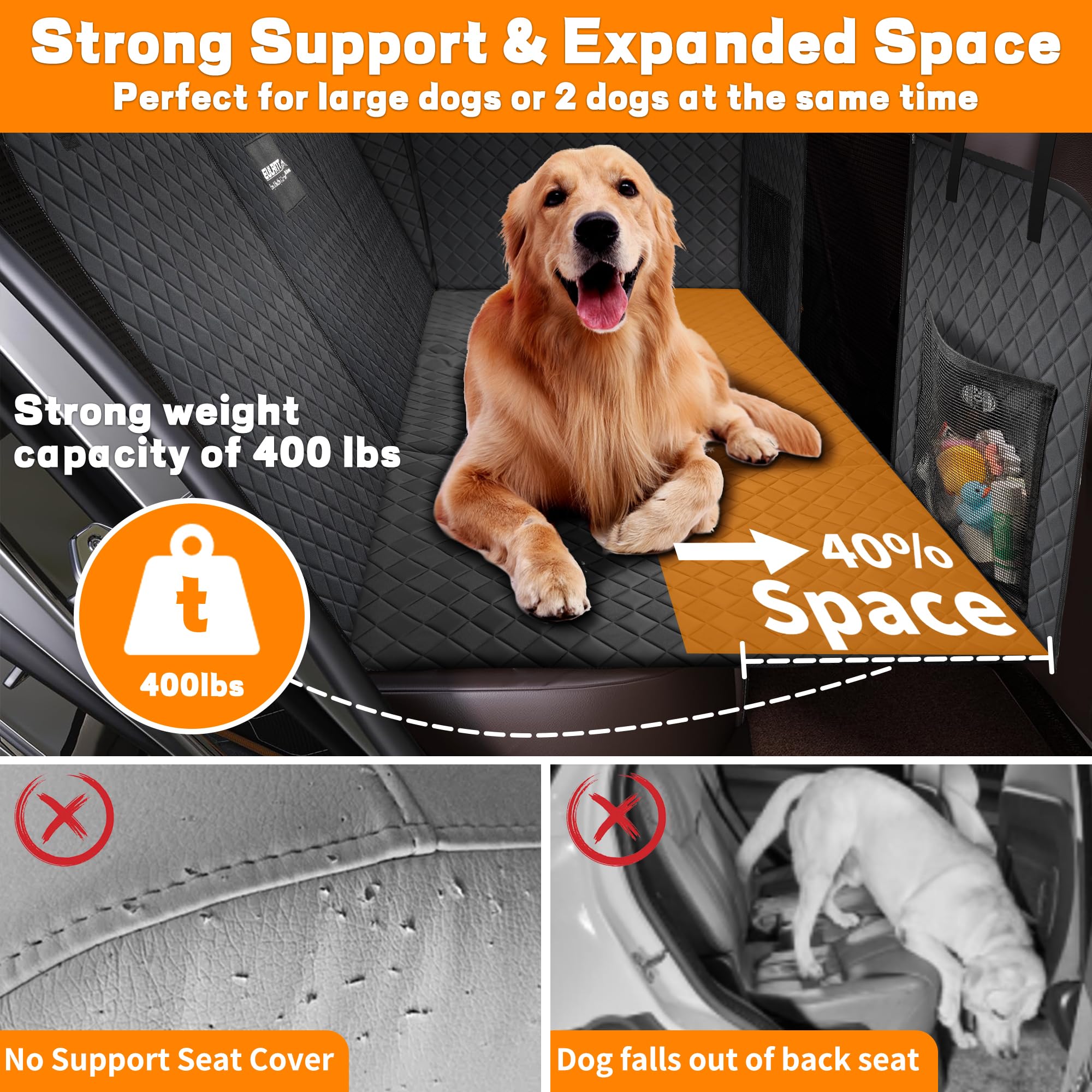 EULANT Protector de Asiento de Coche Grande para Perros con Fondo Duro, Impermeable Funda Extensor de Asiento Trasero para Grande Perro,Resistente Arañazos & Amplio y Antideslizante, Soporta 200KG