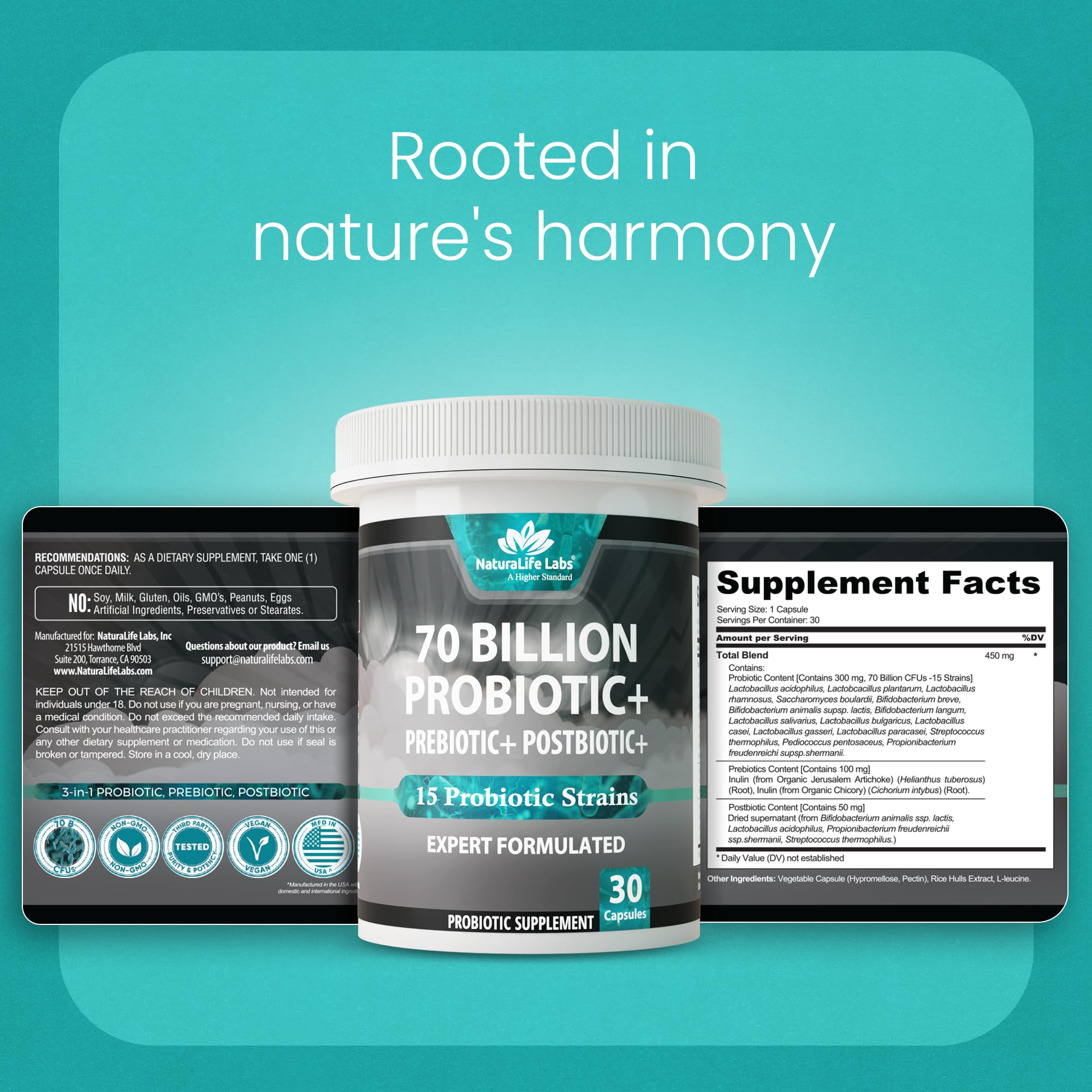 NaturaLife Labs Probiotics 70 Billion CFU – 15 Strains + Organic Prebiotic & Postbiotic 3-in-1 – Gut & Digestive Support – Supports Occasional Bloating – Women & Men – Vegan & Shelf Stable – 30 Caps — Amazon image 9