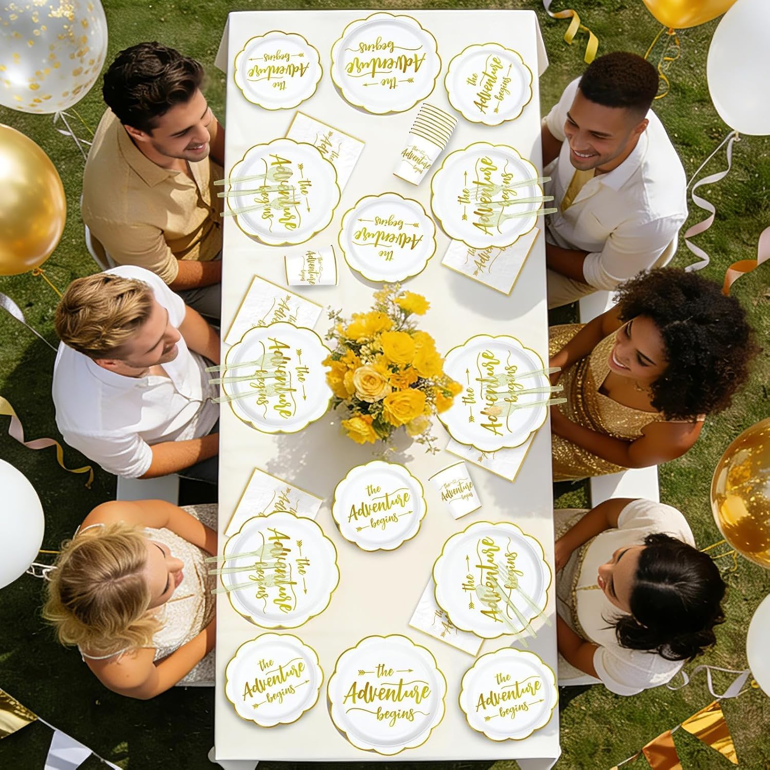 168Pcs The Adventure Begins Party Decoration Disposable White Gold Engagement Plates and Napkins Retirement Party Tableware Set For Graduation Retirement Wedding Bridal Shower Bachelorette Supplies