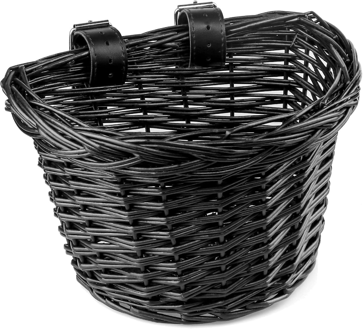 AVASTA Wicker Kids Bike Basket for 12,14,16,18,20 inch Girls Bikes, Scooters, Tricycle, Kids Bicycle Accessories, Come with Leather Straps Black Medium