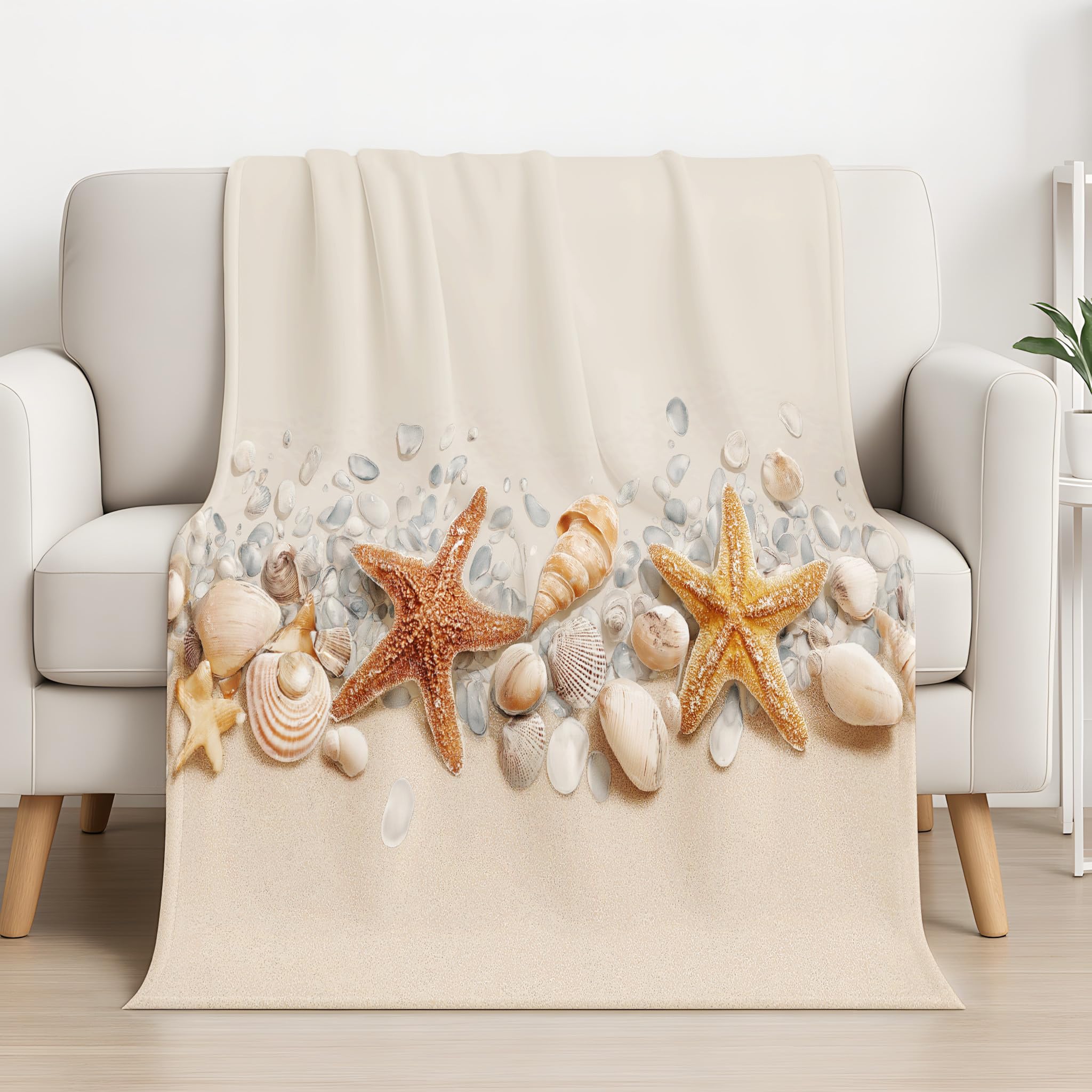 Genérico Koc z nadrukiem w stylu nadmorskim, 220 x 270 cm, khaki koce z mikrofibry łatwe w pielęgnacji miękkie na sofę i łóżko, ciepły lekki przytulny ciepły koc dekoracyjny muszle rozgwiazdy