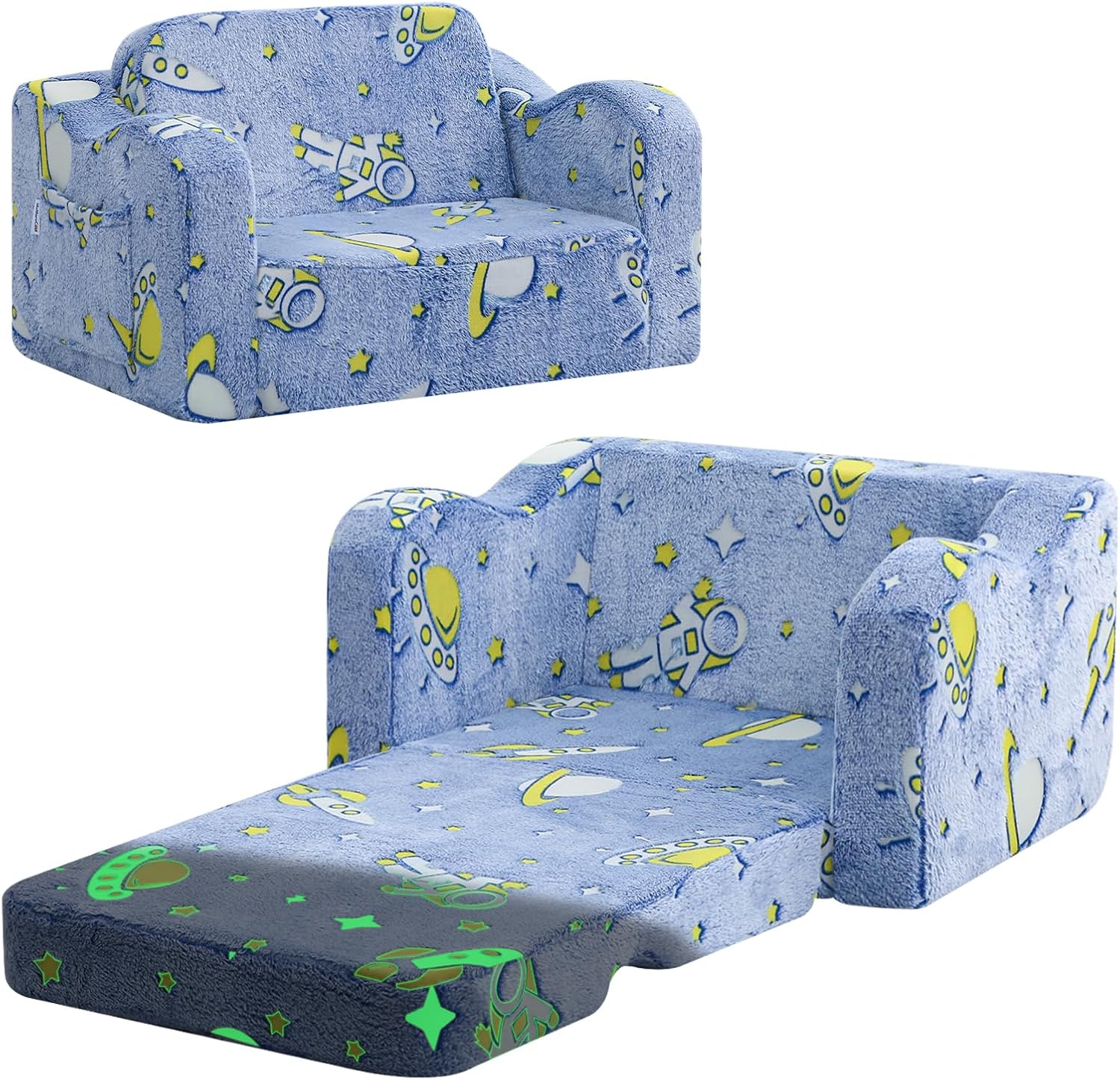 MeMoreCool Glowing Rocket Kids Chair, Glow-in-the-Dark Space Kids Couch, 2-in-1 Convertible Fold-Out Lounger with Soft Foam, Washable Cover for Boys Playroom, Denim Rocket | Reading, Lounging