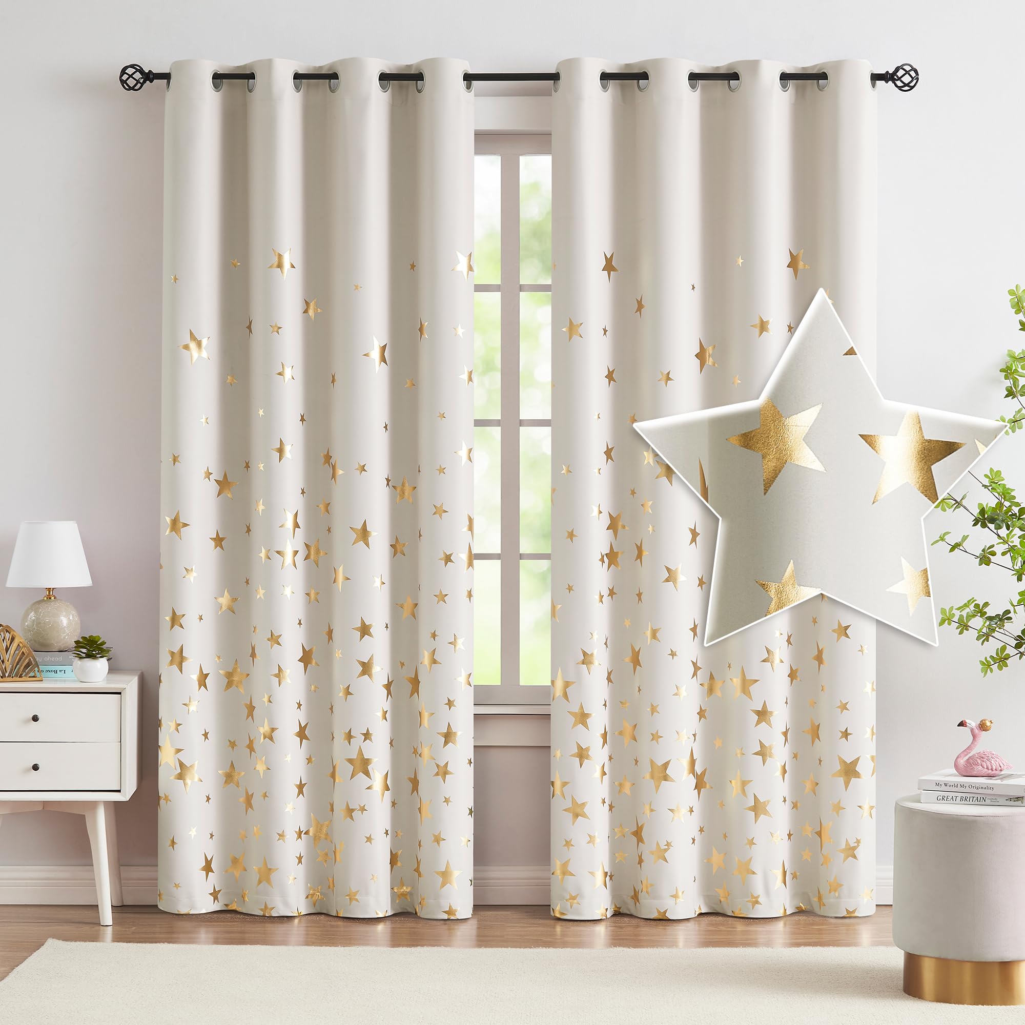 Treatmentex Beige Gold Blackout Curtains for Bedroom 72 inch Drop Eyelet Curtains for Living Room Star Foil Thermal Insulated Window Curtain Panels 2 Panels