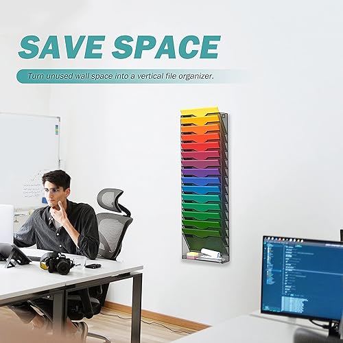 Miniatura 5 de Organizador de archivos colgante de pared de 16 niveles, soporte de archivo de pared de malla metálica, estante vertical para revistas, organización