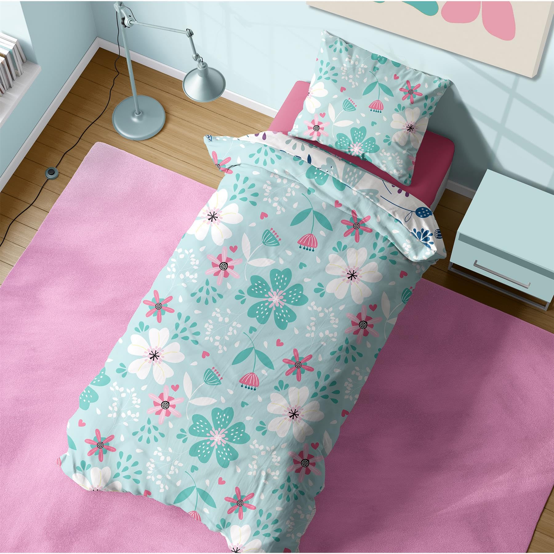 K Collection Floral Duvet Cover – Reversible Delicate Pastel Flower Print Bedding – Girls Blossom Bloom Design – Bedding Set with Matching Pillowcase (Single)
