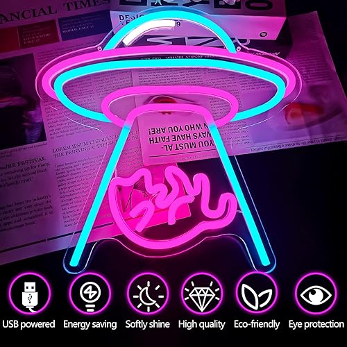 Miniatura 2 de Letreros de neón para decoración de pared, luz de neón para gato, alimentada por USB, regulable, platillo volador, letrero luminoso para dormitorio,