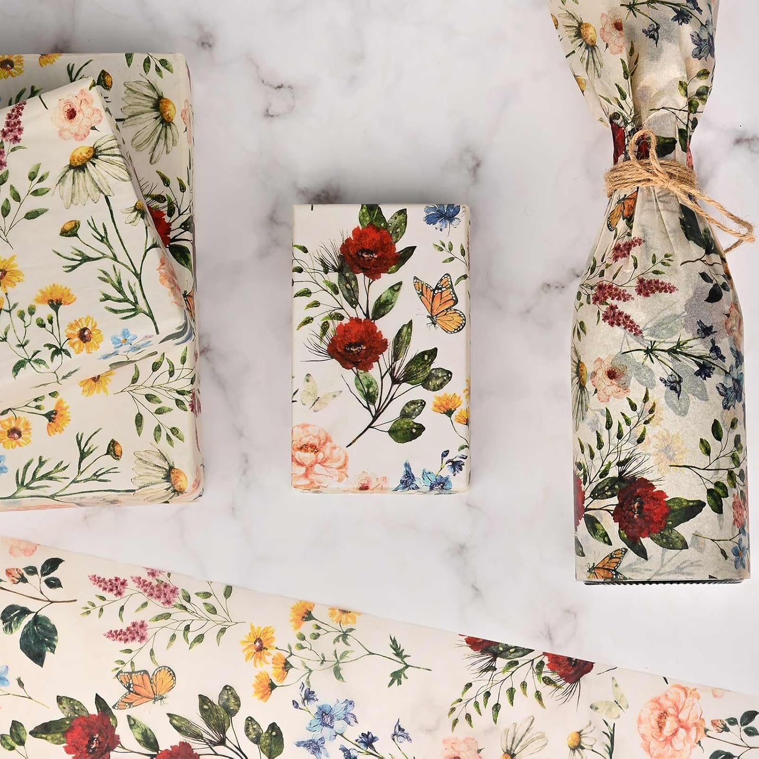 Bolsome 100 Sheets 20 * 14 Inches Vintage Floral Tissue Paper Butterfly Wildflowers Printed Gift Wrapping Tissue Retro Flower Decorative Tissue for Mother's Day Wedding Bridal Shower DIY Craft