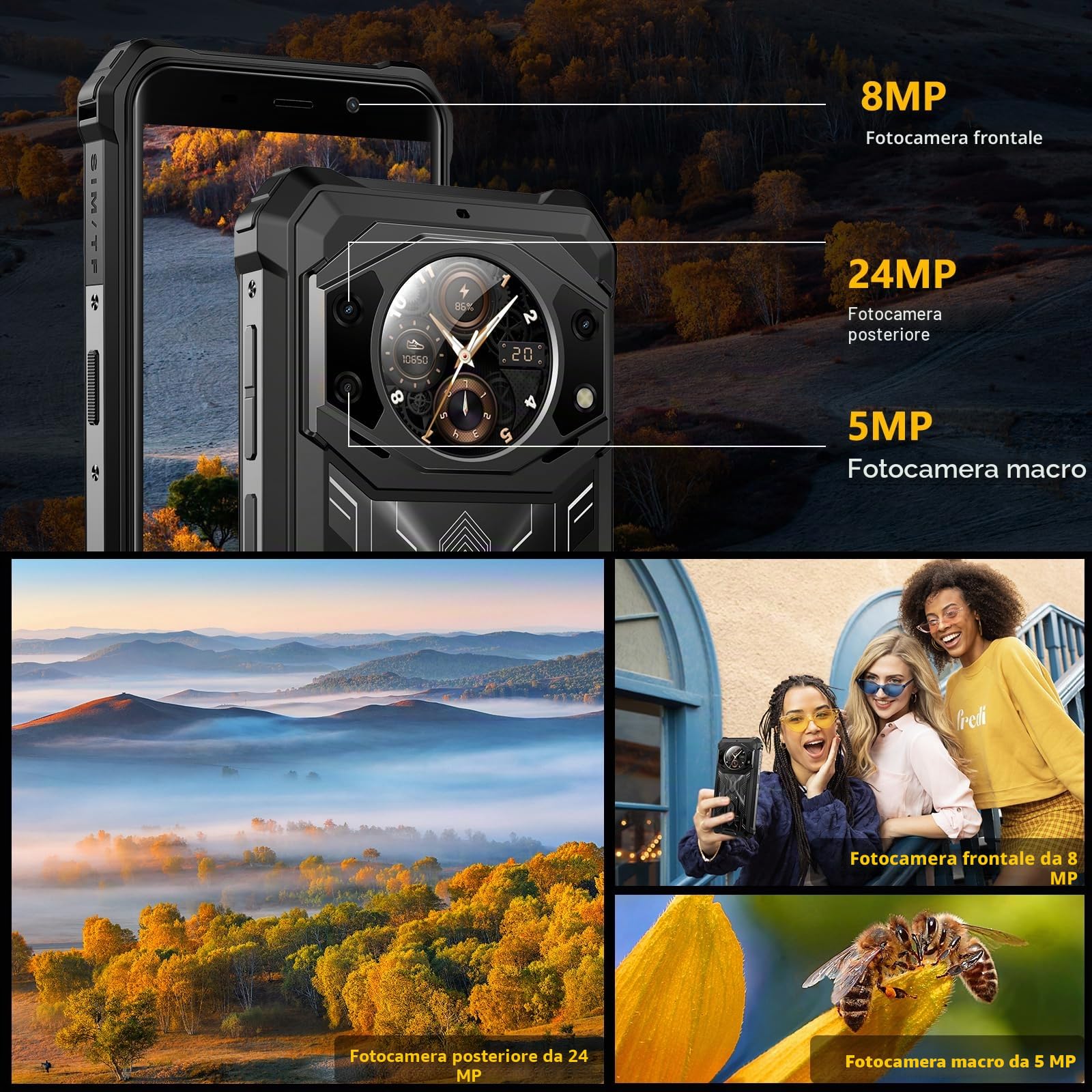 FOSSiBOT F101 PRO Rugged Smartphone 15+128GB Android 13 5.45" HD+ Display 1.32”, 10600mAh Telefono Indistruttibile, IP68 IP69K, Fotocamera 24+8MP Dual SIM 4G GPS/OTG