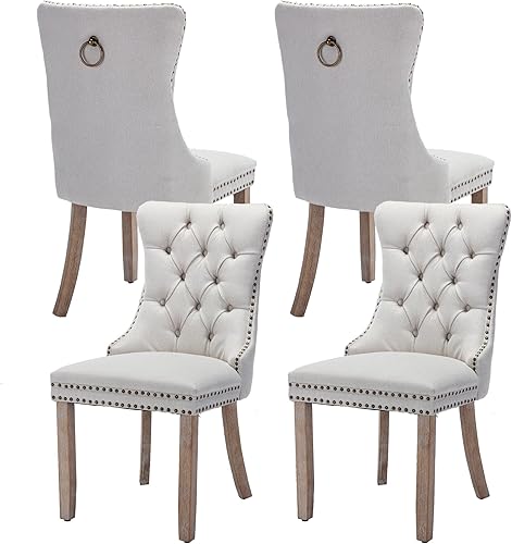 Miniatura 32 de Juego de 4 sillas de comedor de terciopelo, sillas de comedor tapizadas con ribete de cabeza de clavo, patas de madera, anillo de tracción, sillas