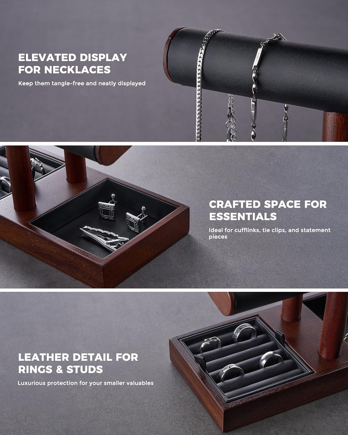 ProCase Watch Holder Stand for Men, Valentine’s Day Gift for Him Dad Father Boyfriend, Wood Jewelry Display Rack, Necklace Hanger Organizer for Chains Bracelets Rings -Brown - Image 4