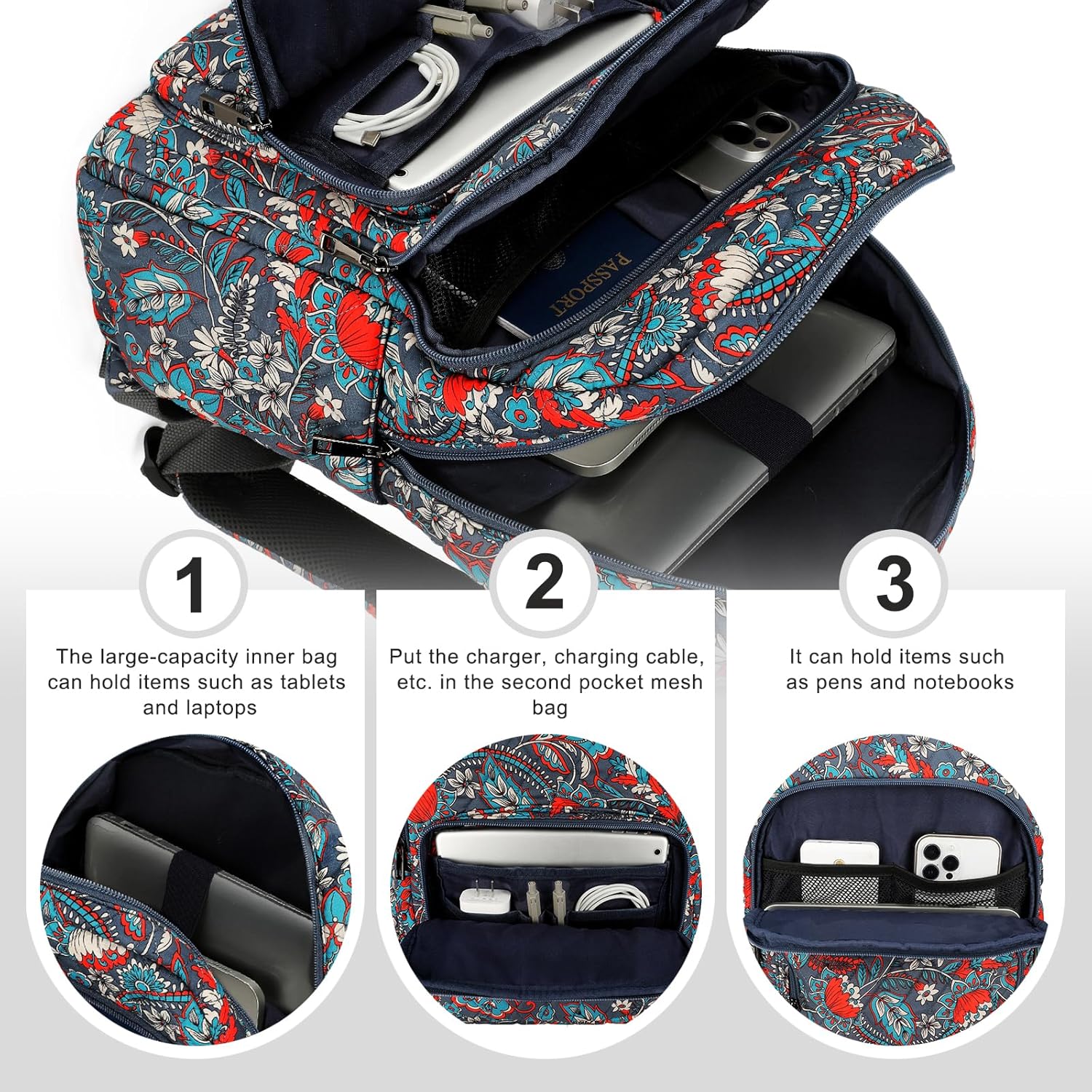 Searock Quilted Backpack for Women, Floral Backpack for Girls, Cotton Lightweight Bookbag for Travel, Work Orange - Image 3