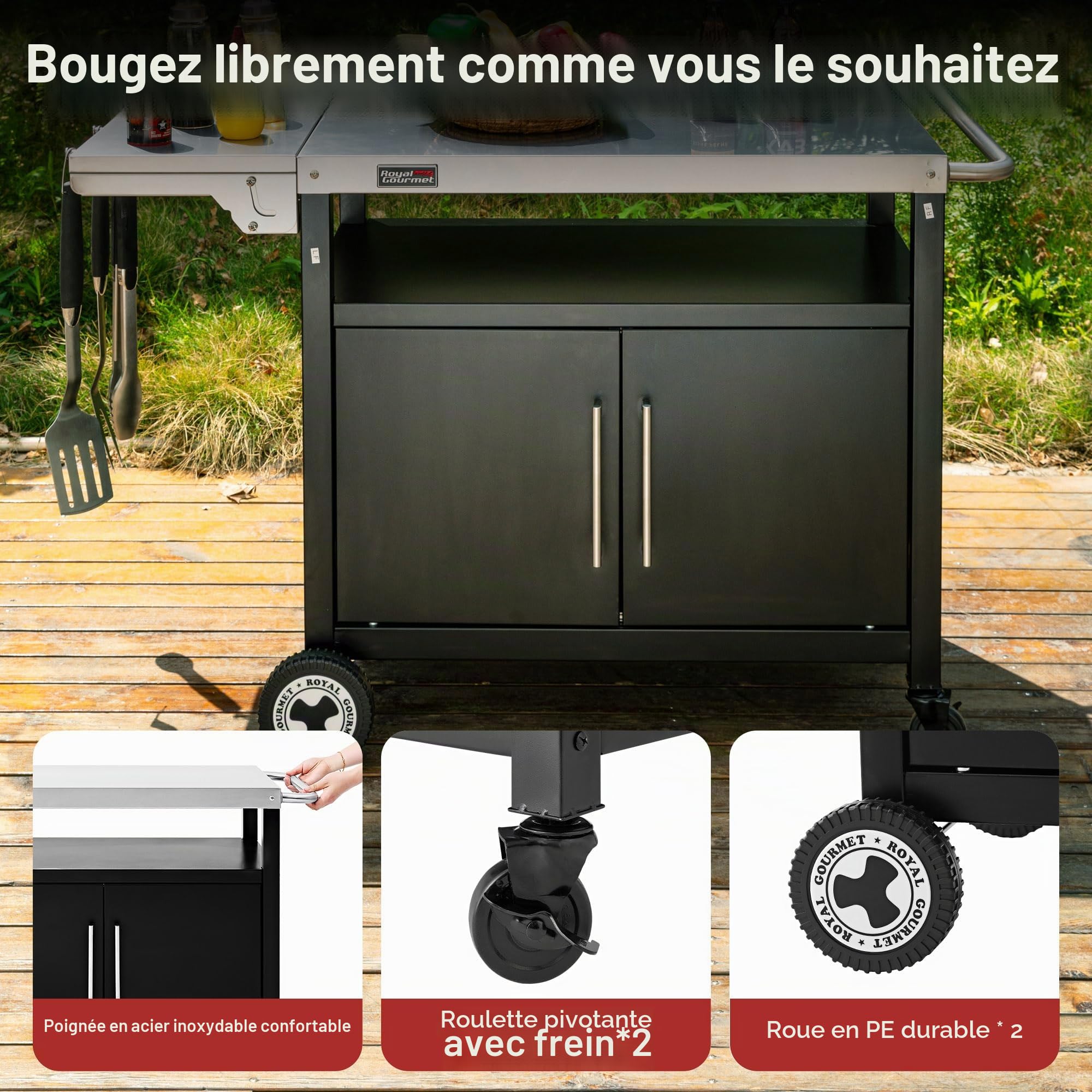 Royal Gourmet Chariot de Barbecue avec Table latérale Pliable avec poignée pour Serviette, Meuble Bas, Chariot de Barbecue avec Plateau de Table en Acier Inoxydable, Chariot de Service avec roulettes